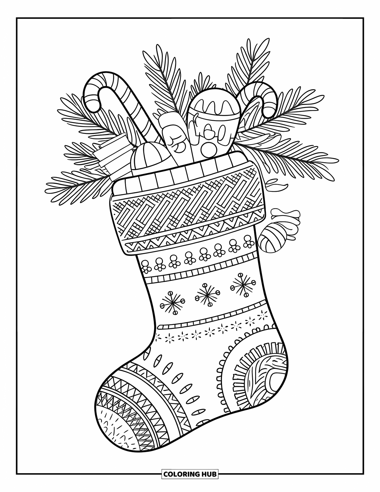 Kerst Kleurplaat voor Volwassenen: Een prachtig versierde kerstsok gevuld met speelgoed, zuurstokken en dennentakken