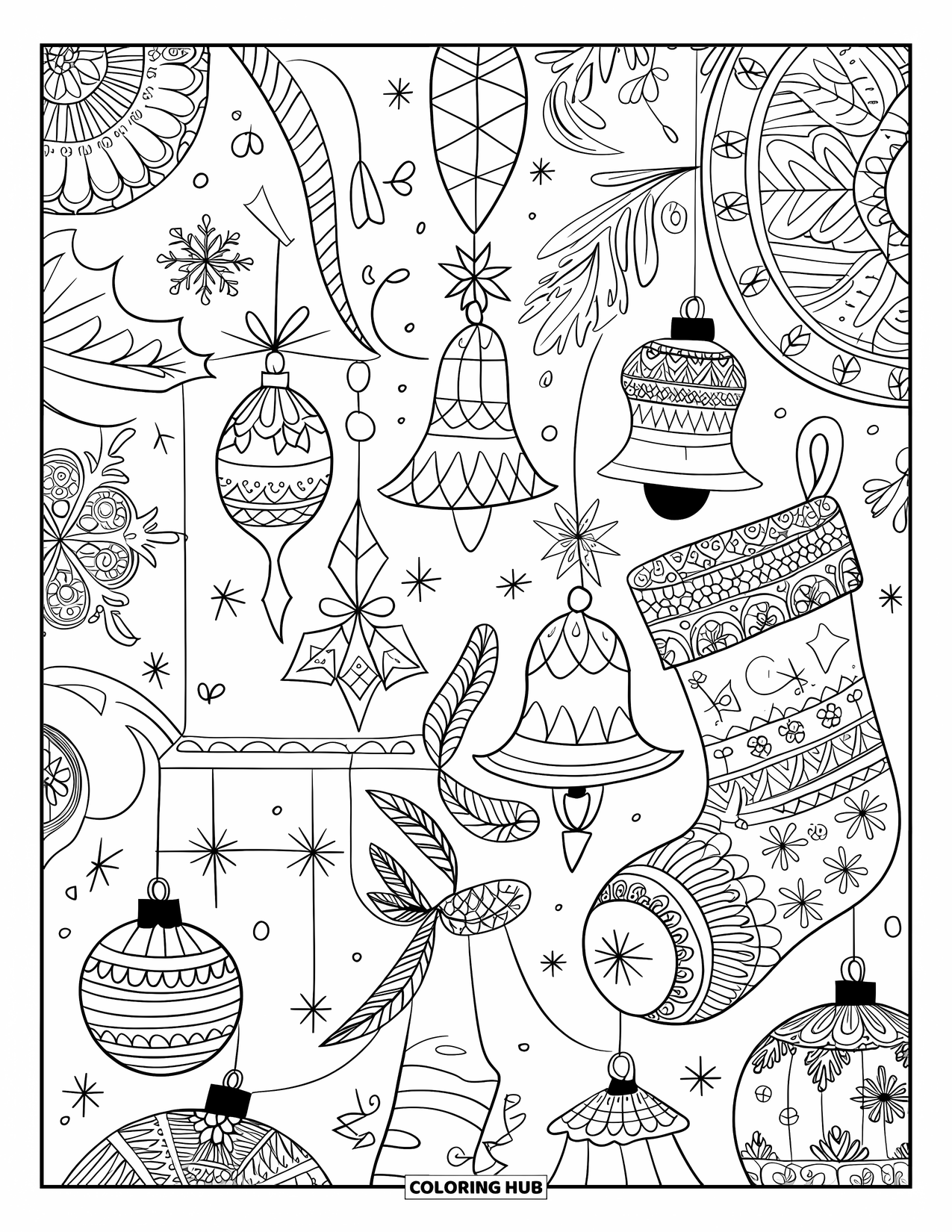 Kerst Kleurplaat voor Volwassenen: Een prachtig gedetailleerde collage van kerstsokken, geschenkdozen en sneeuwvlokken in een feestelijk ontwerp