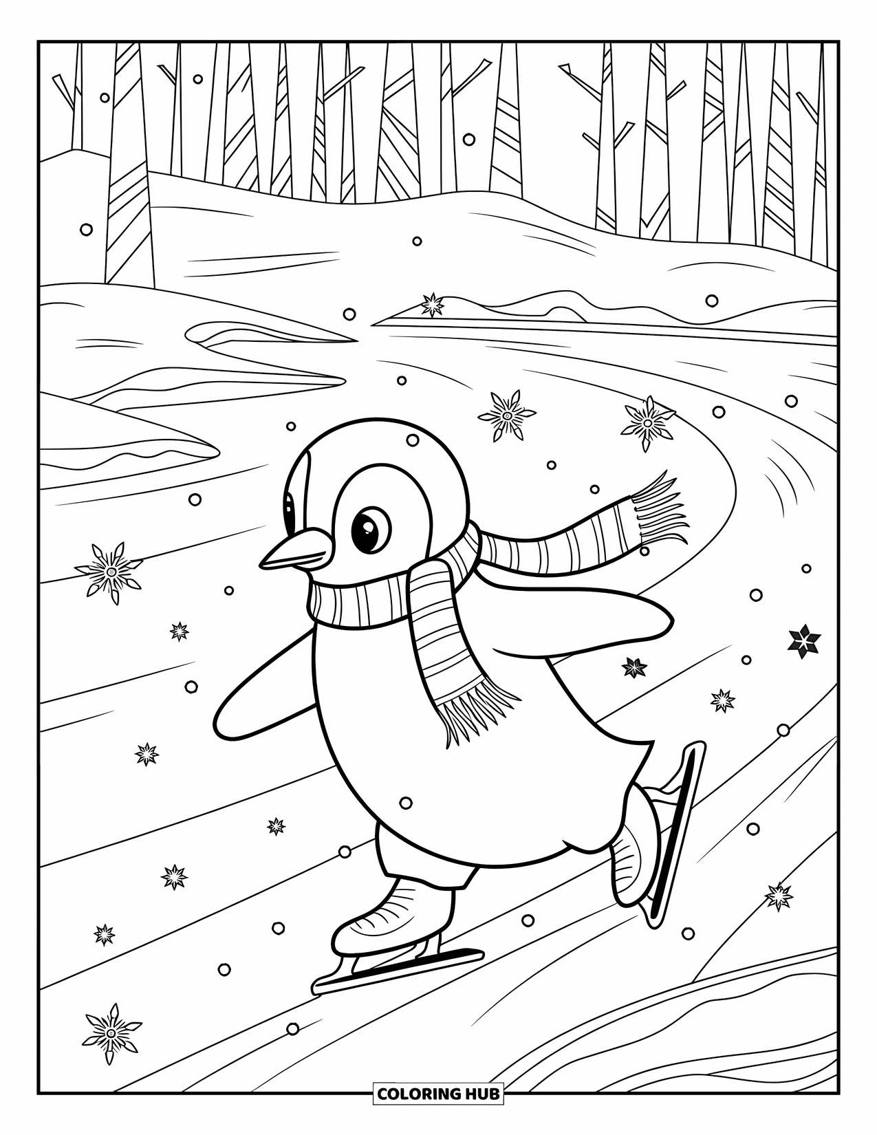 Kerst Kleurplaat voor Volwassenen: Een ingepakte pinguïn danst op een bevroren vijver, omringd door vallende sneeuwvlokken