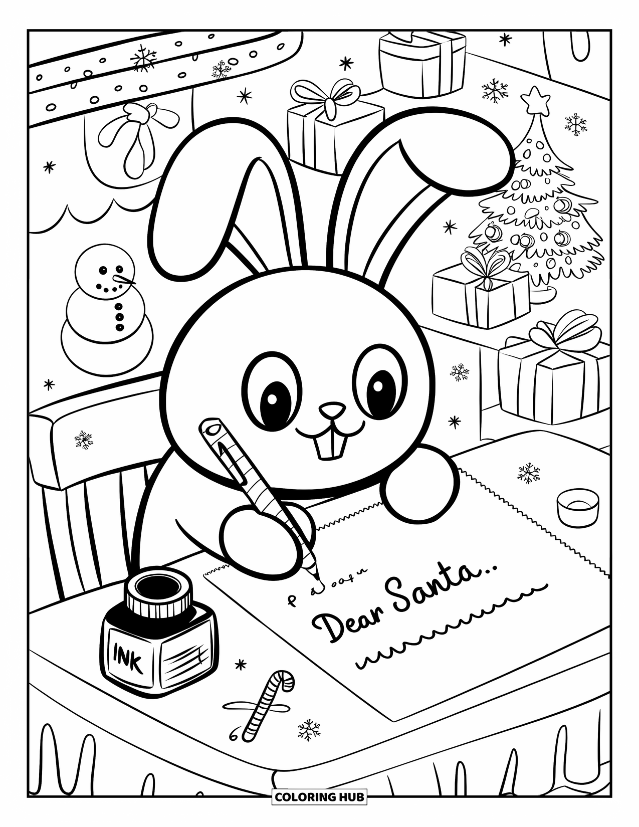 Kerst Kleurplaat voor Volwassenen: Een konijn met slappe oren schrijft zorgvuldig een kerstbrief aan de kerstman aan een kleine tafel