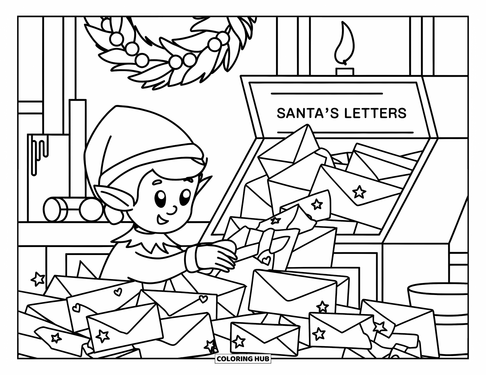 Kerst Kleurplaat voor Volwassenen: Een drukke elf controleert de brieven van de Kerstman in een gezellig postkantoor met feestelijke versieringen