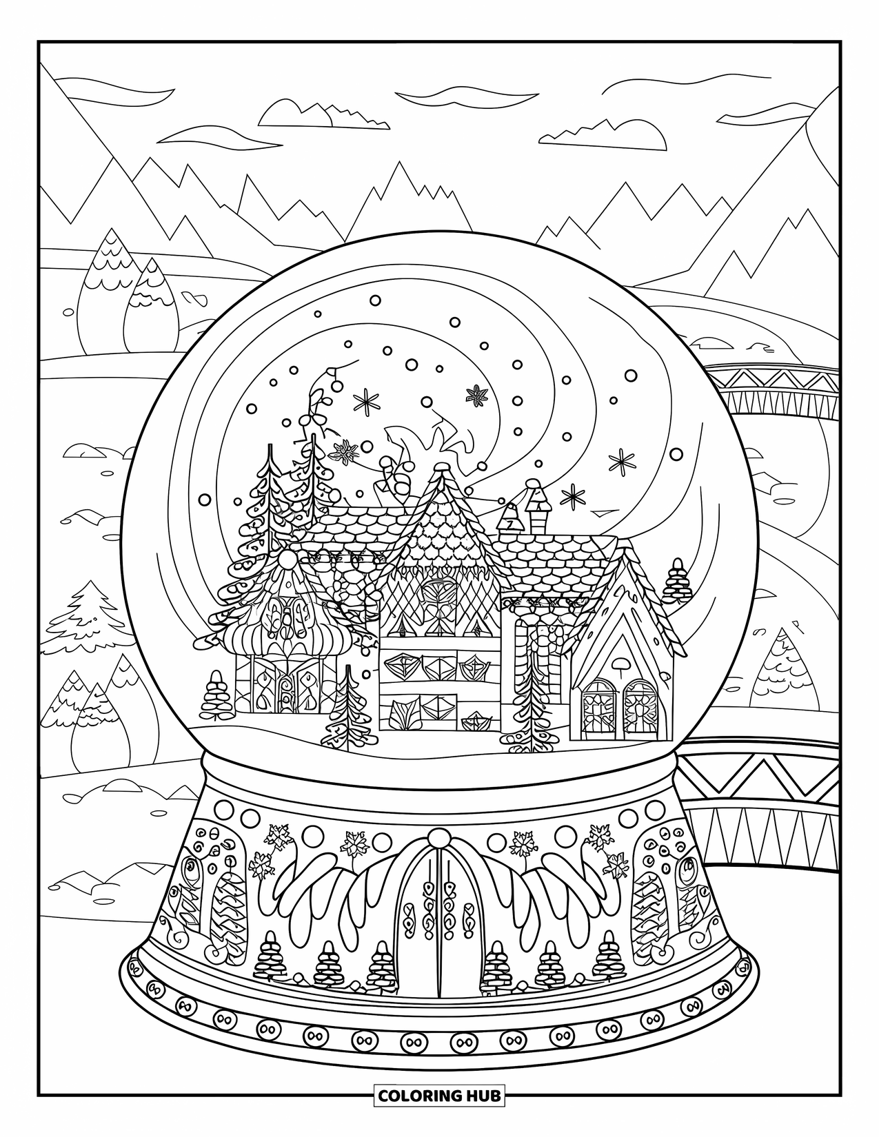 Kerst Kleurplaat voor Volwassenen: Een charmant kerstdorp in een sneeuwbol, omringd door dwarrelende sneeuwvlokken