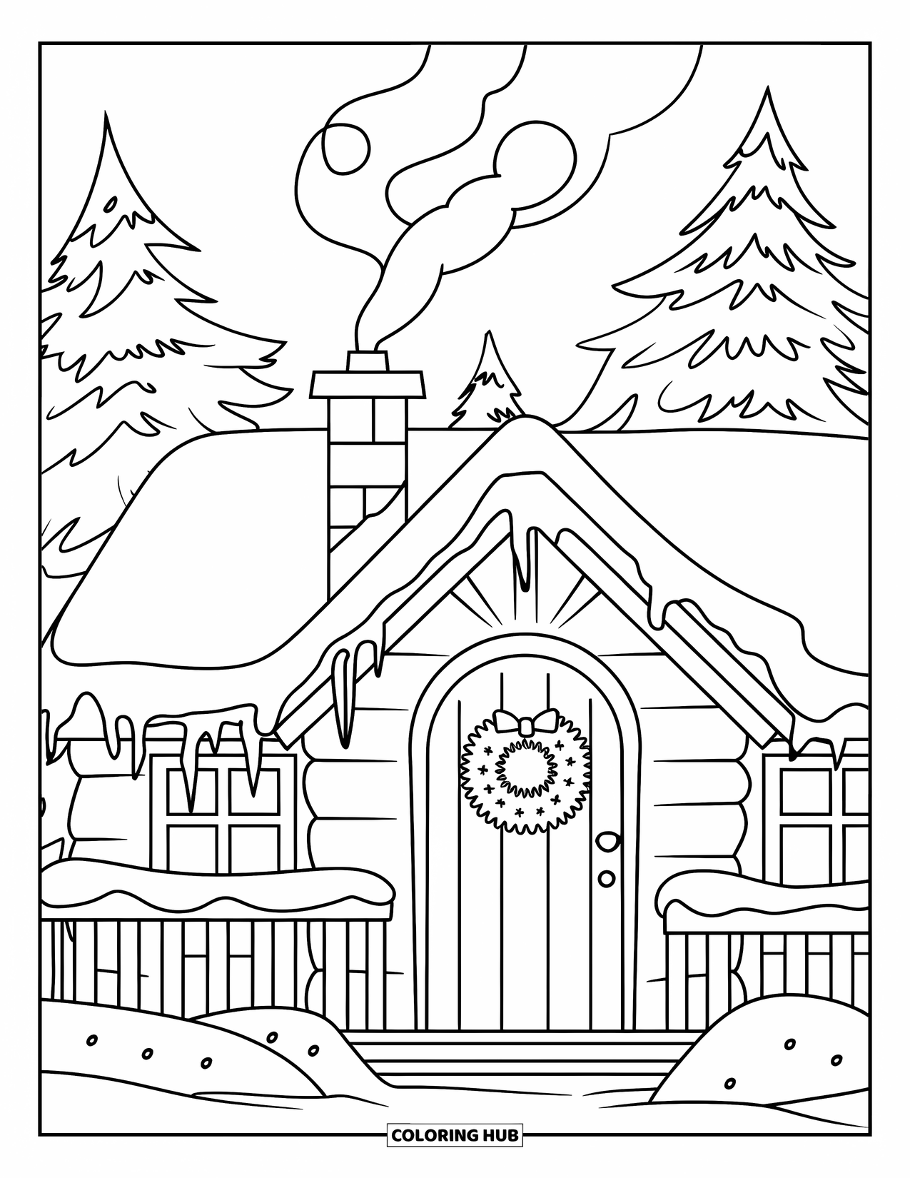 Kerst Kleurplaat voor Volwassenen: Een charmante winterhut omringd door met sneeuw bedekte bomen, met rook die uit de schoorsteen krult