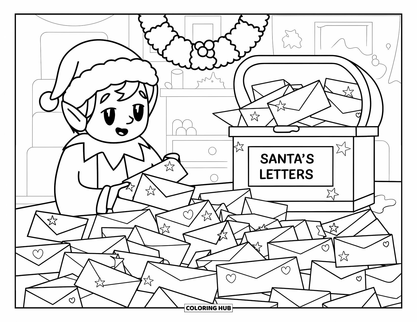 Kerst Kleurplaat voor Volwassenen: Een vrolijke elf organiseert een stapel brieven van de kerstman, gestempeld met sterren en harten