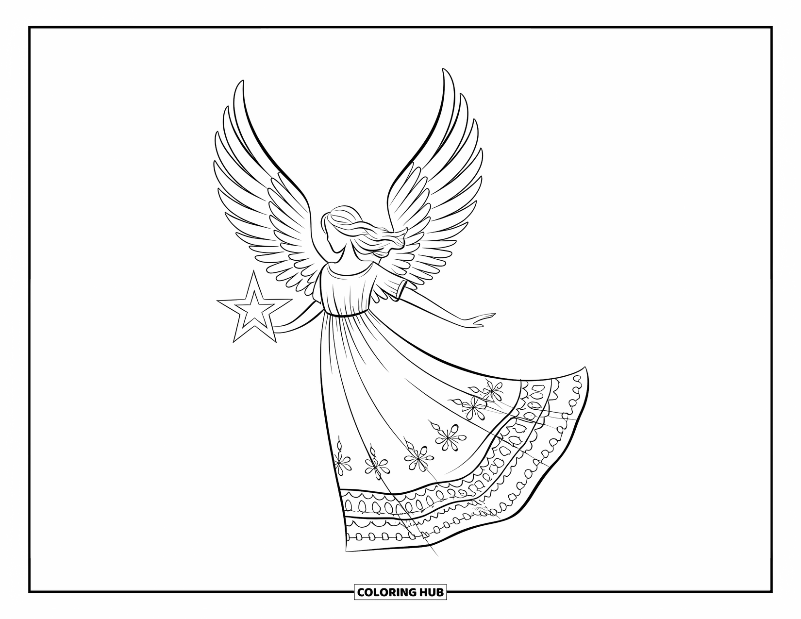 Kerst Kleurplaat voor Volwassenen: Een kerstengel met prachtig gedetailleerde vleugels staat op een wolk en houdt een gloeiende ster vast