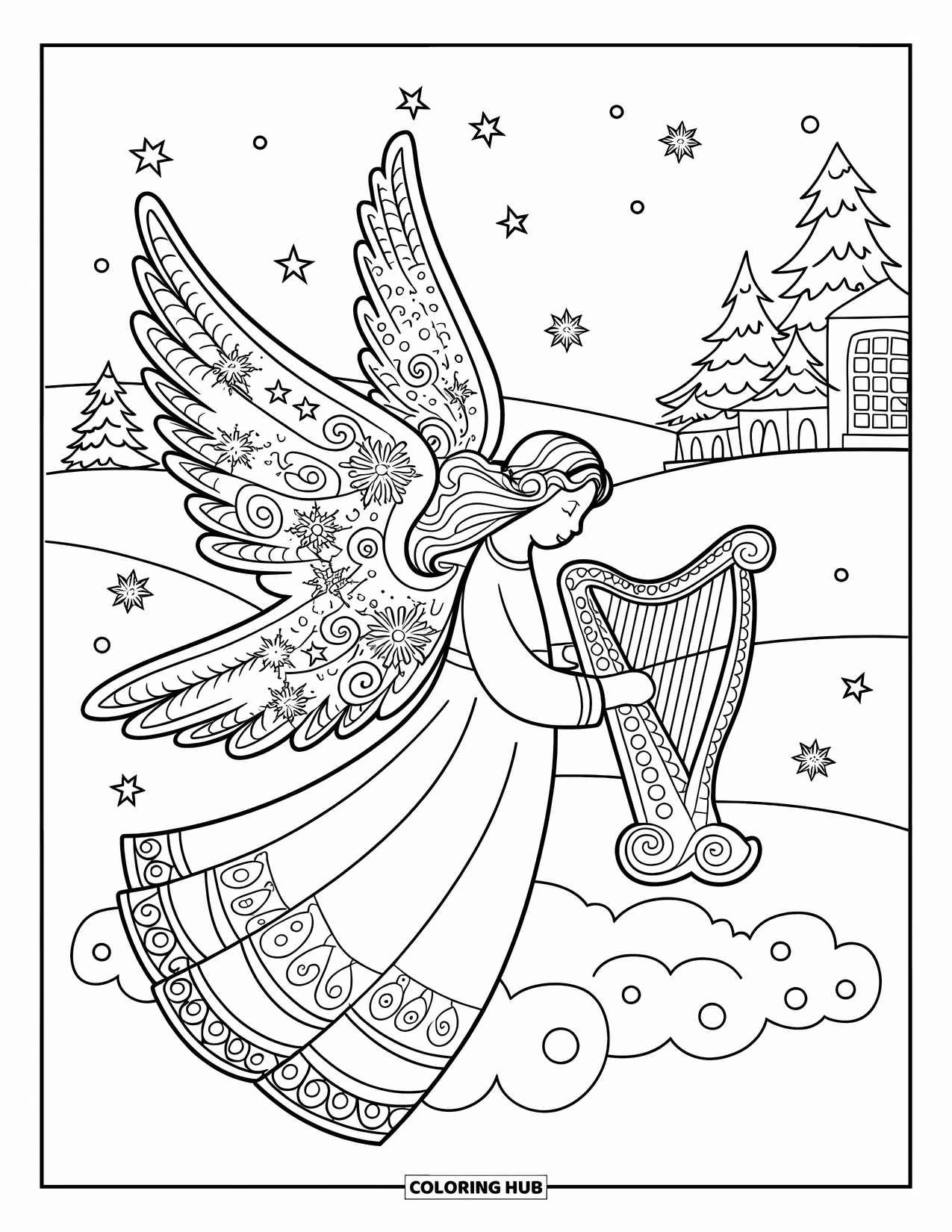 Kerst Kleurplaat voor Volwassenen: Een kerstengel met sierlijke vleugels en een harp, zwevend boven een besneeuwd landschap