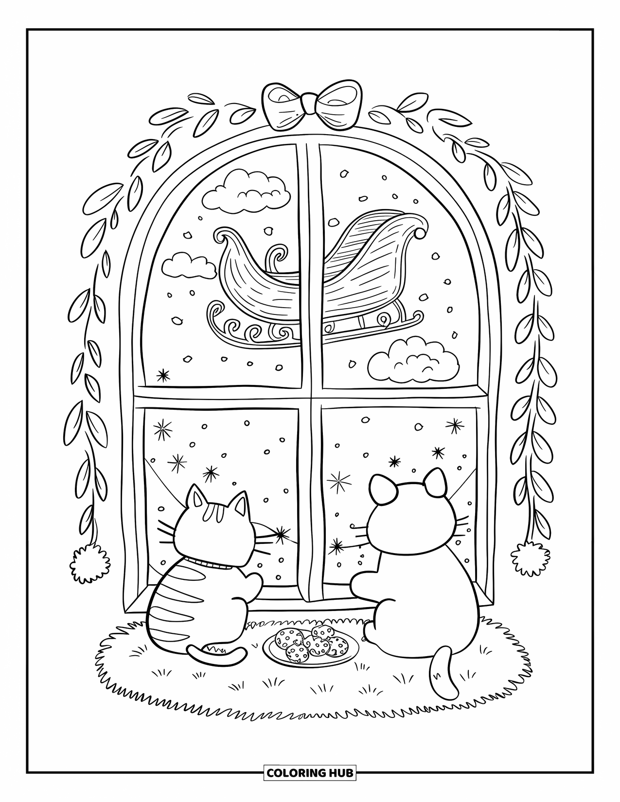 Kerst Kleurplaat voor Volwassenen: Een dikke kat en hond kijken uit het raam naar de slee van de kerstman op kerstavond