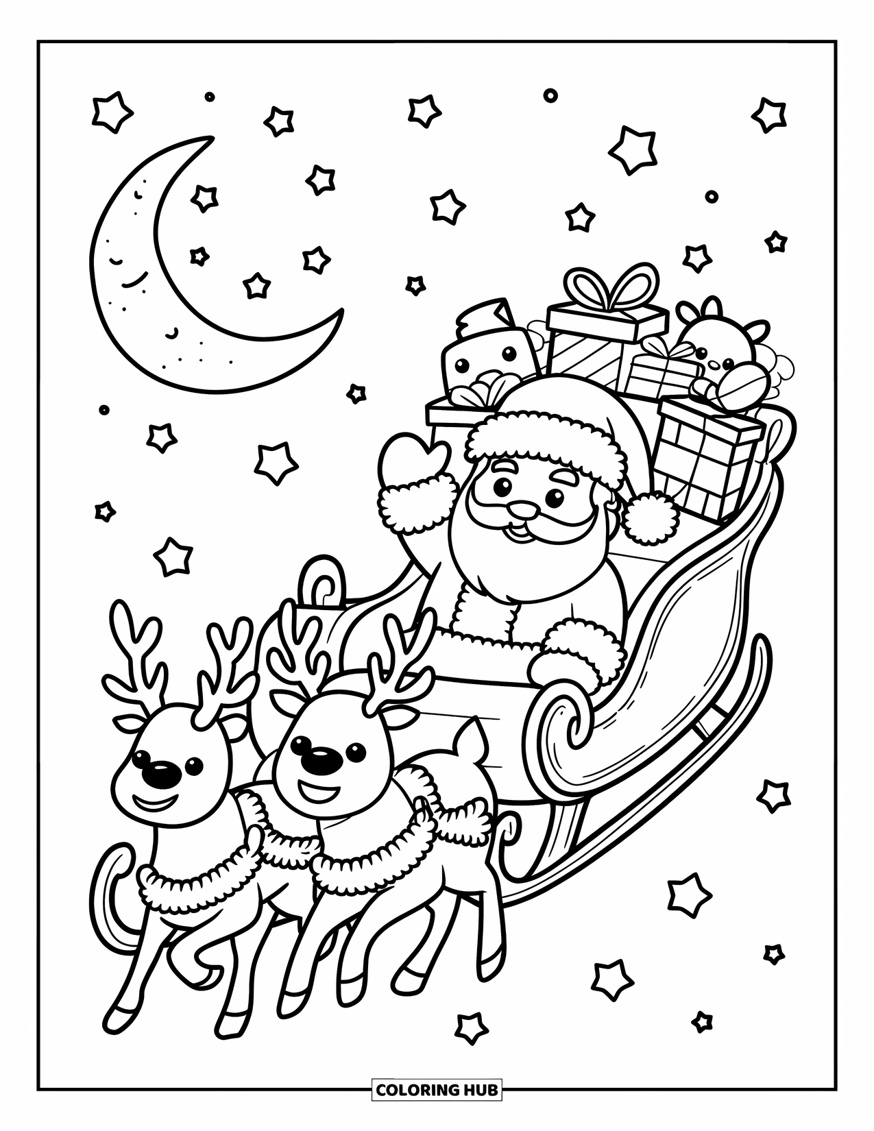 Kerst Kleurplaat voor Volwassenen: Een mollige Kerstman rijdt met zijn slee door een sterrennacht en zwaait vrolijk