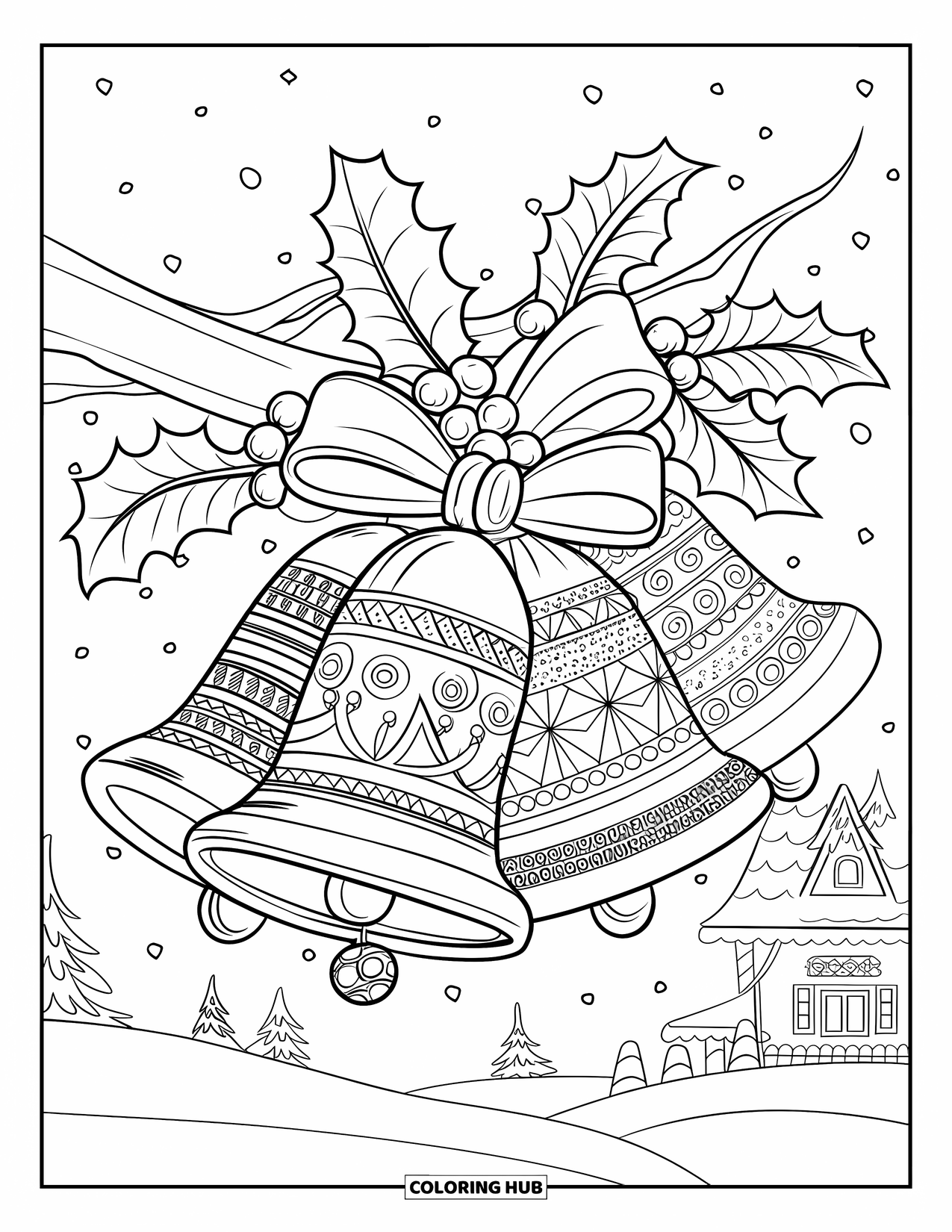 Kerst Kleurplaat voor Volwassenen: Een verzameling gedetailleerde kerstbellen vastgebonden met linten en hulst, hangend aan een tak