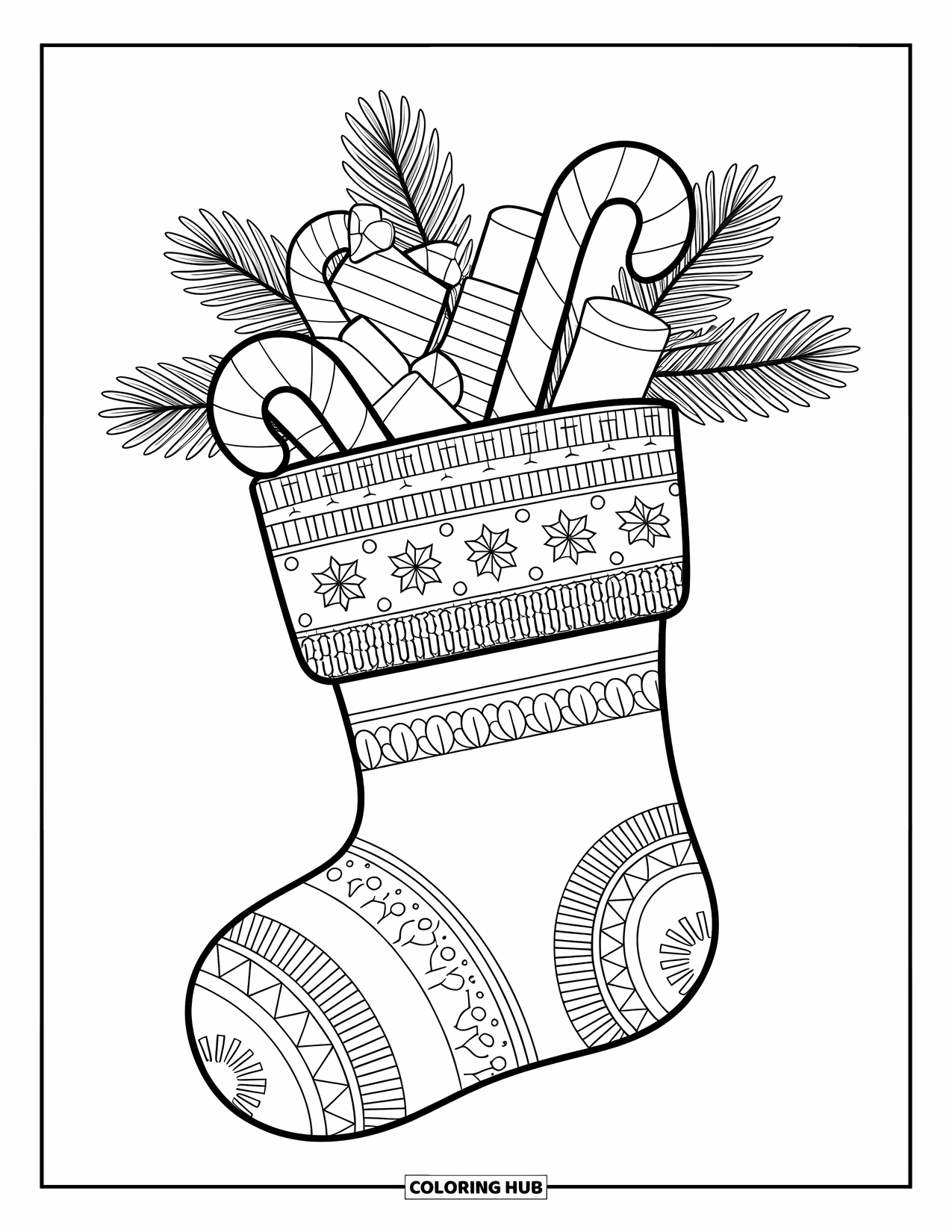 Kerst Kleurplaat voor Volwassenen: Een gezellige kerstsok versierd met feestelijke ontwerpen, gevuld met cadeaus en wintergroen