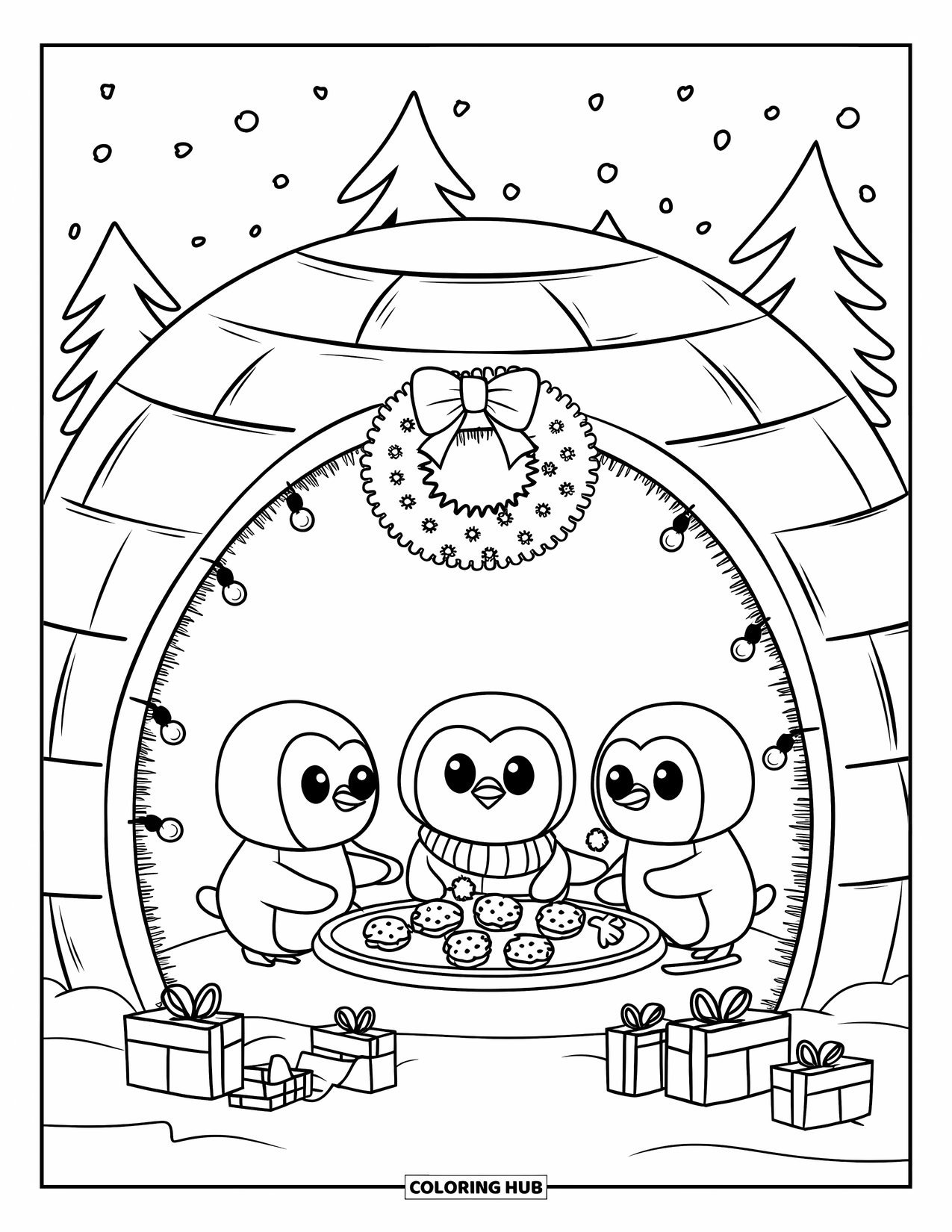 Kerst Kleurplaat voor Volwassenen: Een gezellige iglo met kerstverlichting, waar pinguïns samenkomen voor koekjes en vakantieplezier