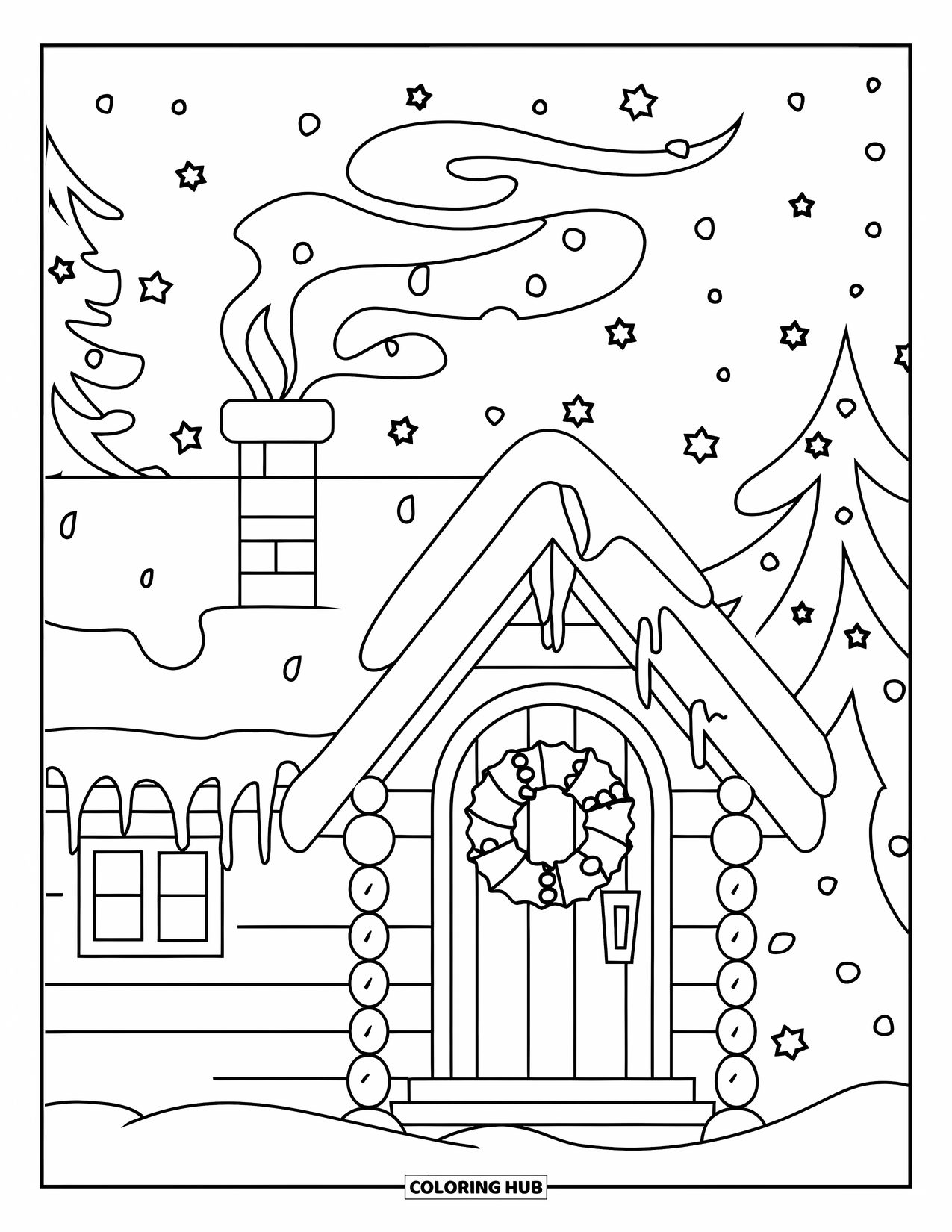 Kerst Kleurplaat voor Volwassenen: Een gezellige blokhut in een besneeuwd bos, versierd met een kerstkrans aan de deur