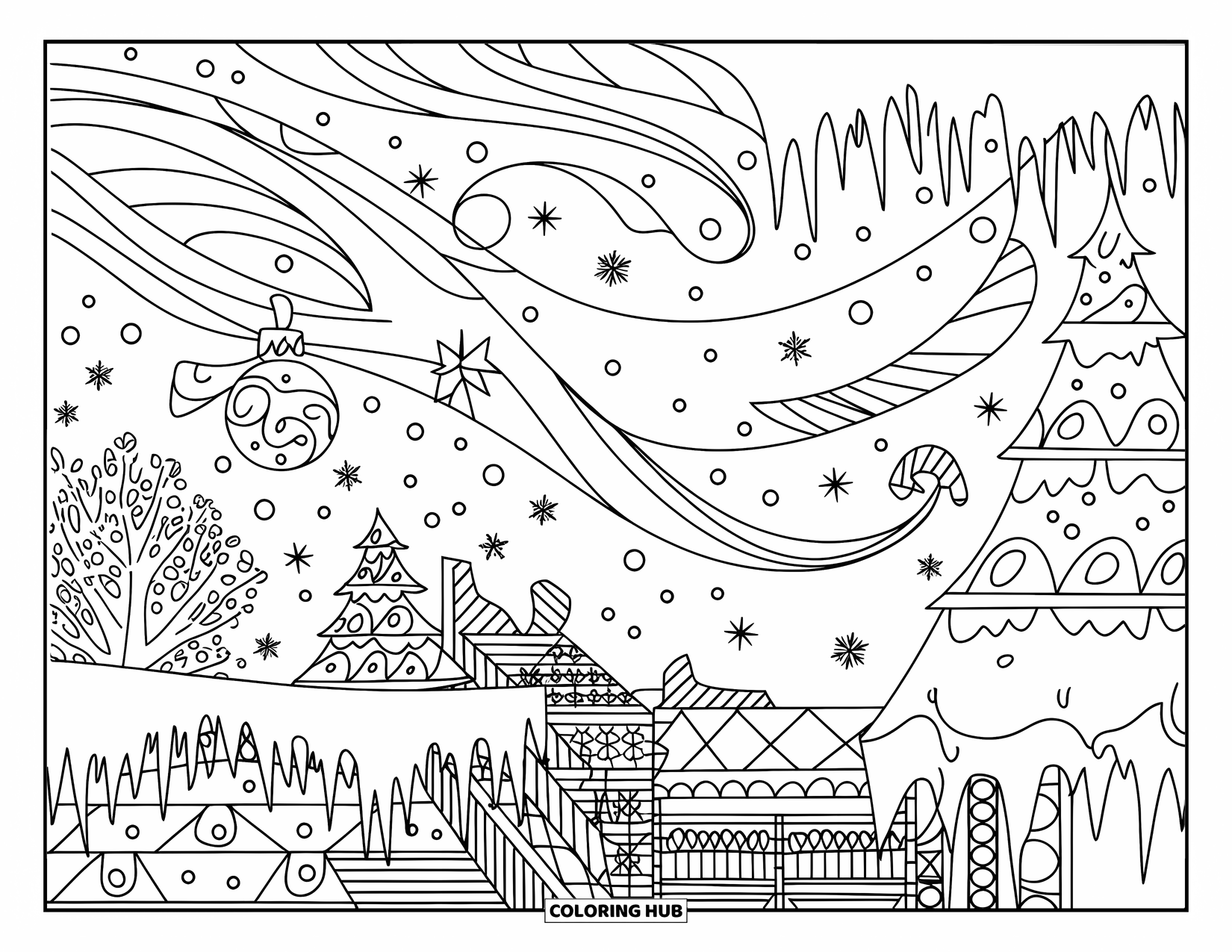 Kerst Kleurplaat voor Volwassenen: Een gezellig stadje bedekt met sneeuw, met versierde bomen en ijzige daken