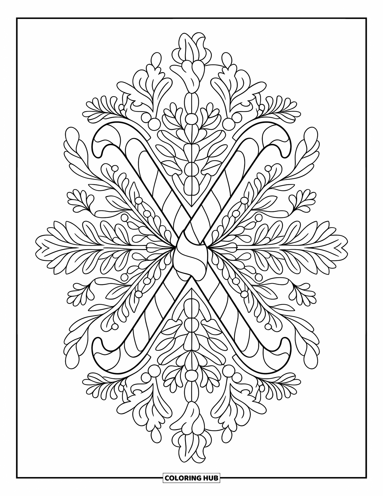 Kerst Kleurplaat voor Volwassenen: Een decoratief patroon van maretak, hulst en zuurstokken in een op de feestdagen geïnspireerd ontwerp