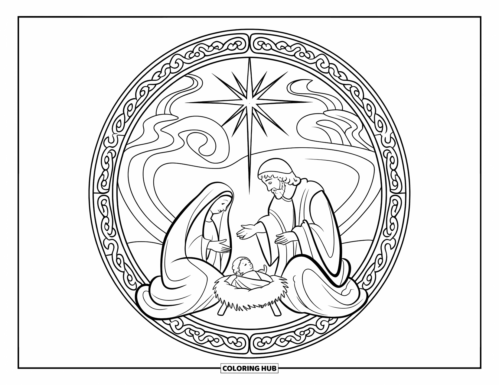 Kerst Kleurplaat voor Volwassenen: Een gedetailleerde kerststal binnen een sierlijke rand, met Maria, Jozef en baby Jezus