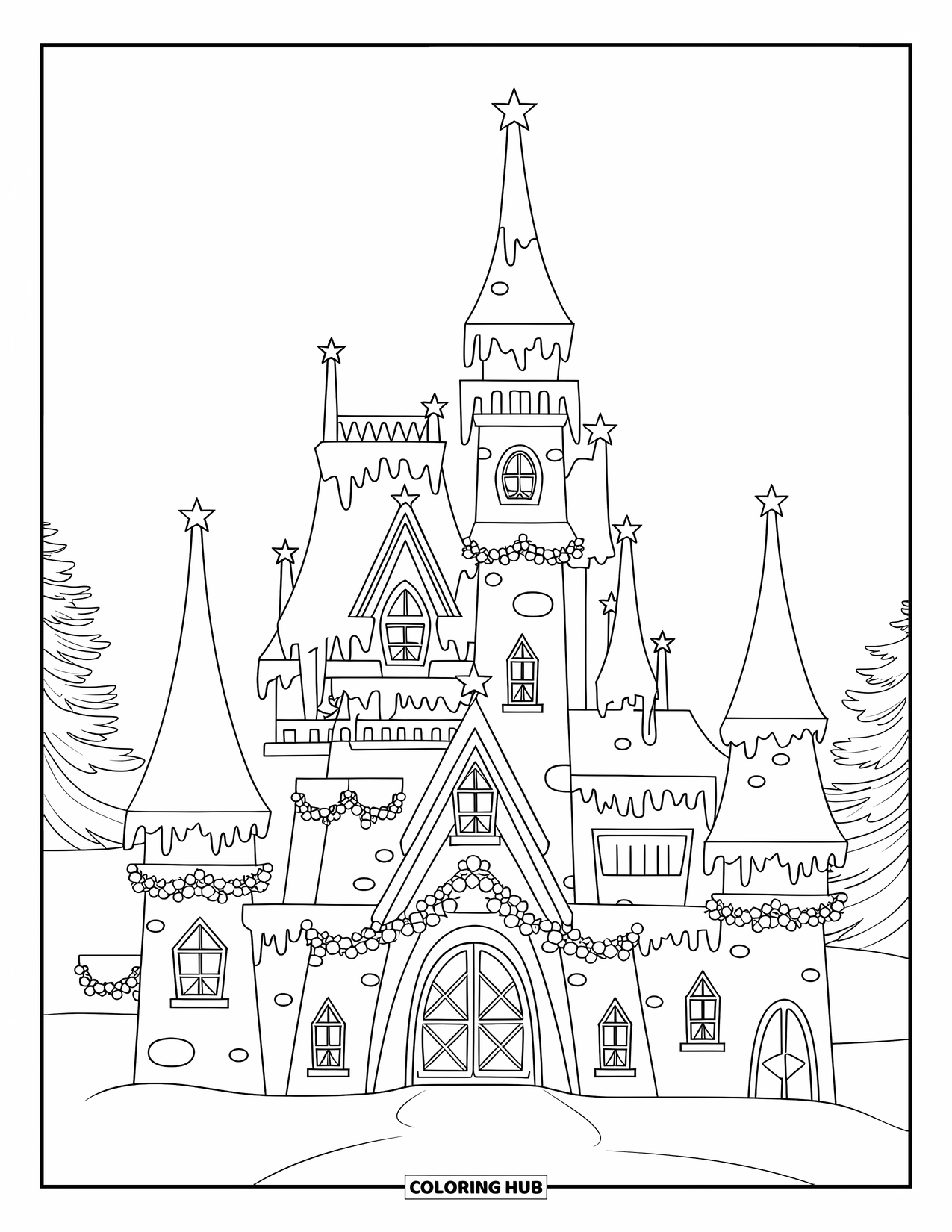 Kerst Kleurplaat voor Volwassenen: Een fantasie kerstkasteel met met ijspegels bedekte torens en gloeiende kerstversieringen