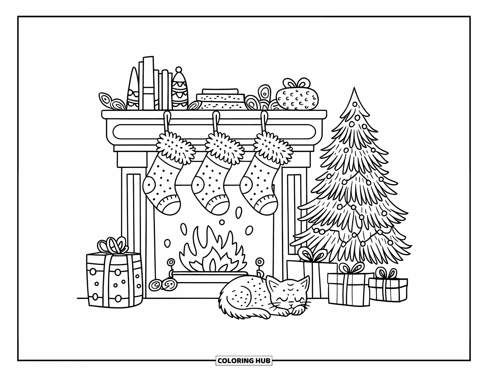 Kerst Kleurplaat voor Volwassenen: Een feestelijke open haard scène met kousen, een kerstboom en een kitten dat dichtbij opkrult