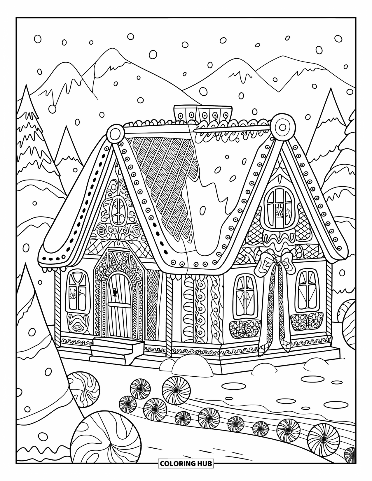 Kerst Kleurplaat voor Volwassenen: Een feestelijk peperkoekhuis met bevroren glazuur, snoepdetails en een warme, uitnodigende deuropening