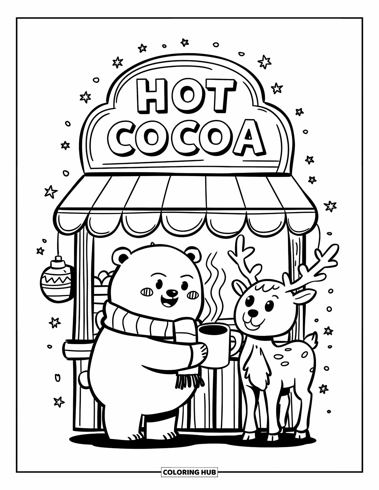 Kerst Kleurplaat voor Volwassenen: Een feestelijke warme chocolademelkkraam met twinkelende sterren en een luifel met zuurstokstrepen