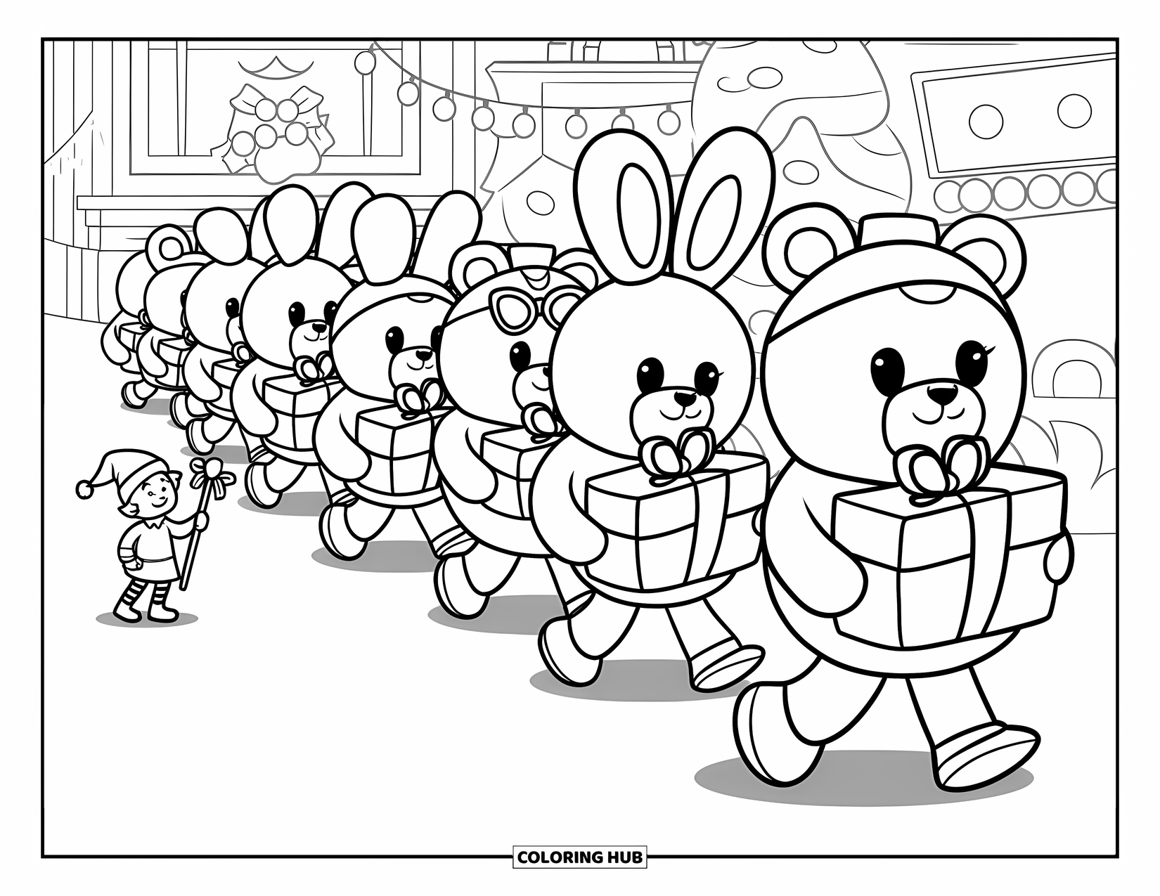 Kerst Kleurplaat voor Volwassenen: Een feestelijke speelgoedparade met teddyberen, konijntjes en robots die marcheren met cadeaus