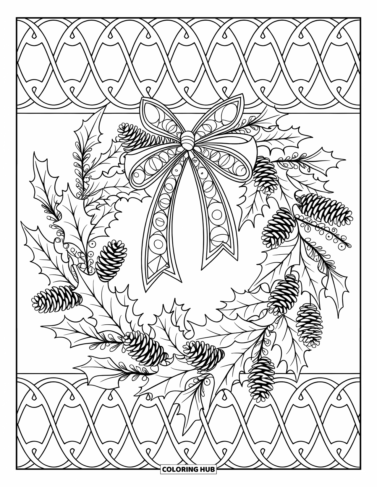 Kerst Kleurplaat voor Volwassenen: Een feestelijke krans versierd met hulstbessen, dennenappels en een lintstrik, perfect voor de feestdagen