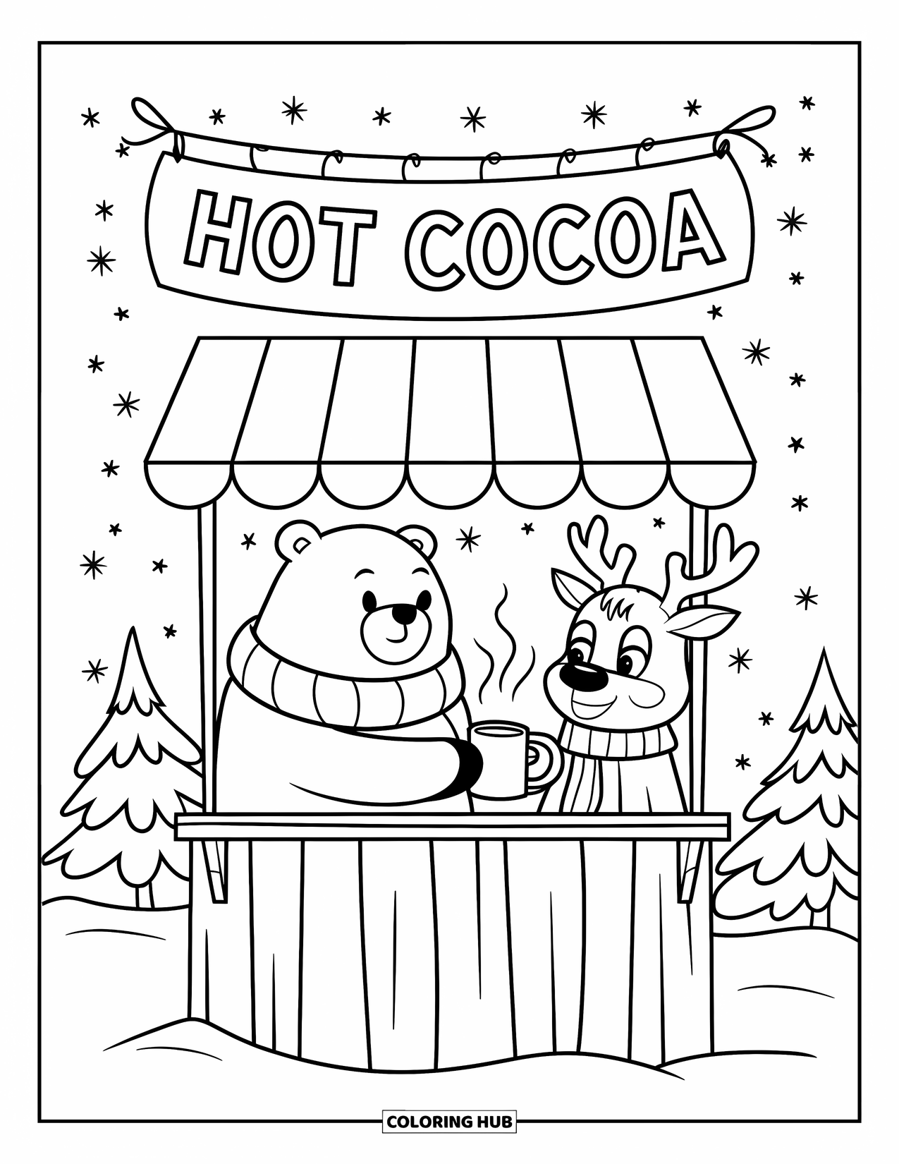Kerst Kleurplaat voor Volwassenen: Een pluizige ijsbeer geeft een stomende mok cacao aan een glimlachend rendier