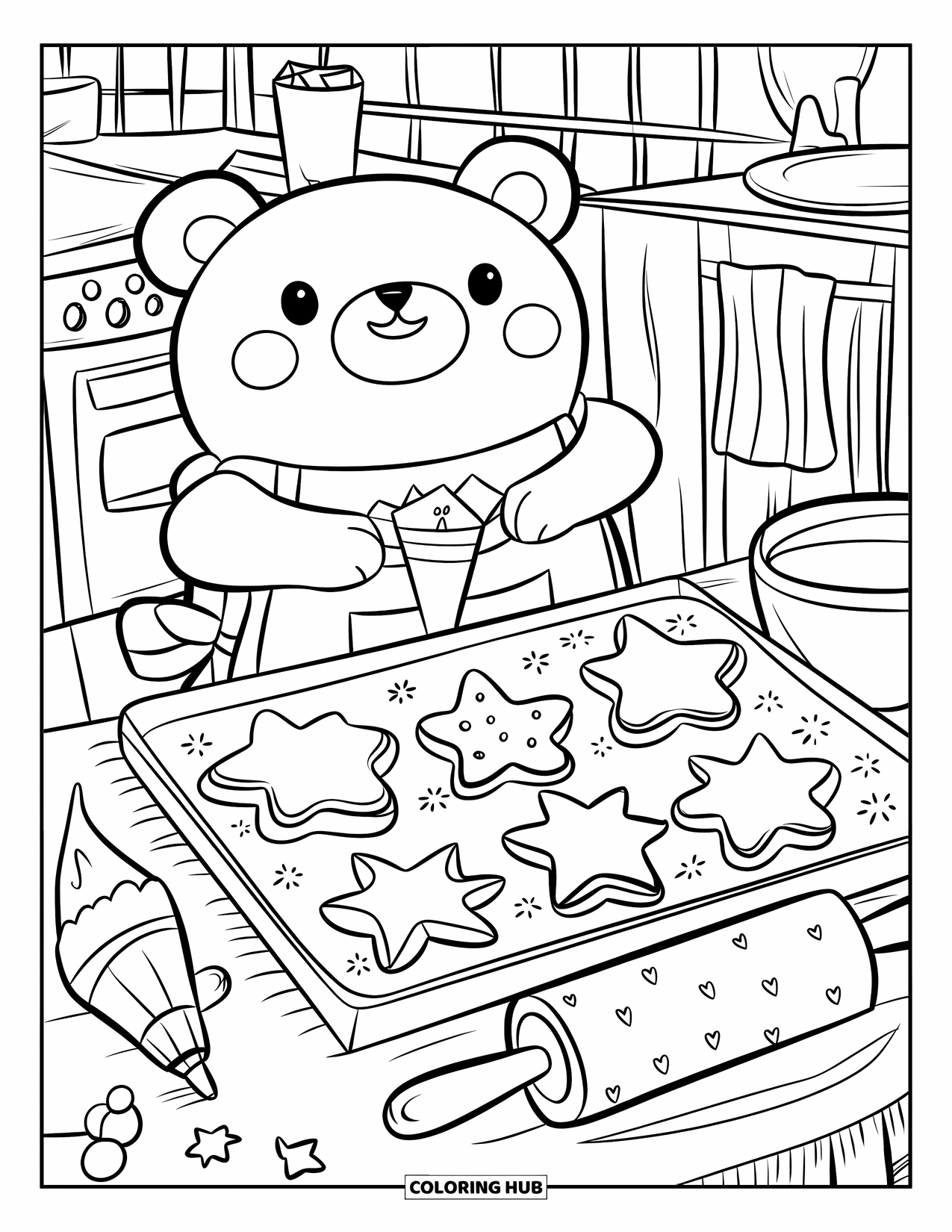Kerst Kleurplaat voor Volwassenen: Een pluizige teddybeer versiert zorgvuldig stervormige koekjes in een warme, feestelijke keuken
