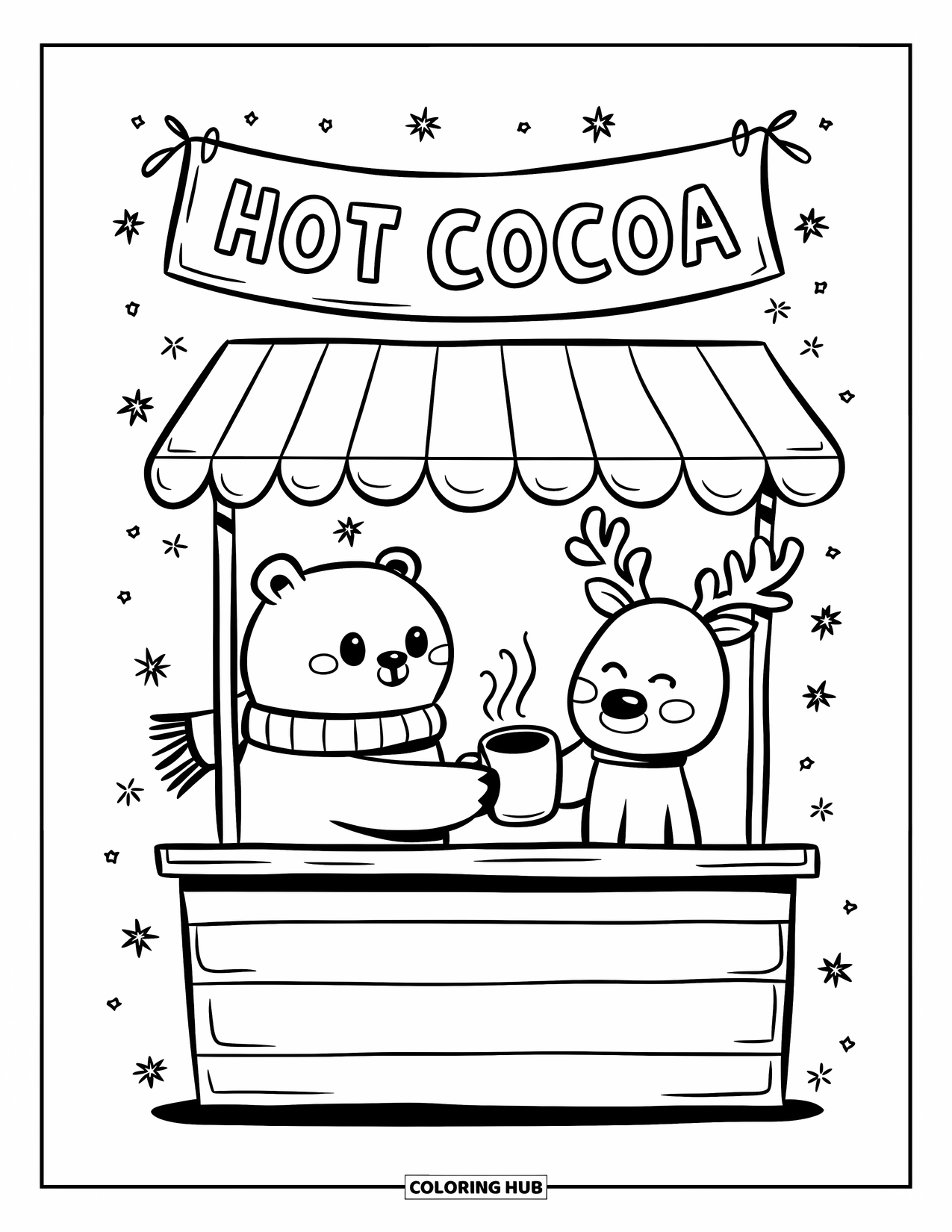 Kerst Kleurplaat voor Volwassenen: Een vriendelijke ijsbeer runt een warme chocolademelkkraam en biedt warme dranken aan in de sneeuw