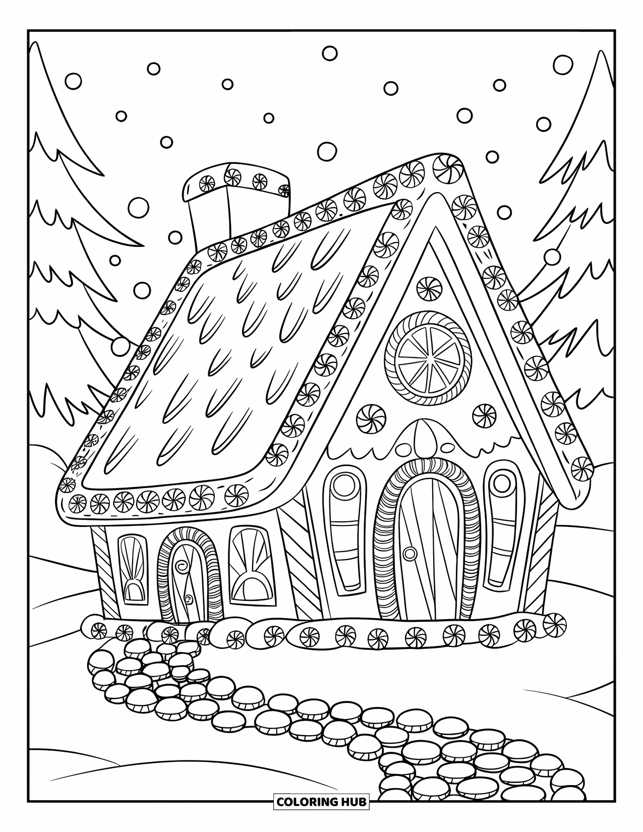 Kerst Kleurplaat voor Volwassenen: Een peperkoekhuis bedekt met glazuurpatronen, snoepversieringen en een besneeuwd pepermuntpad