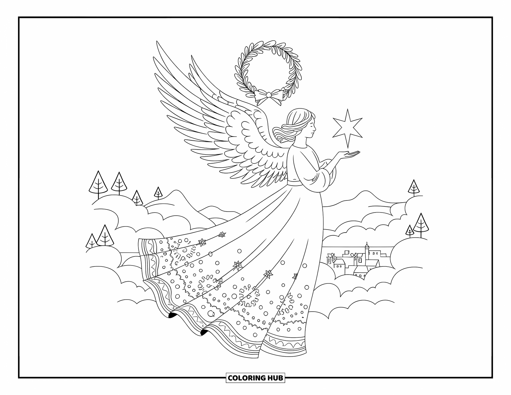Kerst Kleurplaat voor Volwassenen: Een sierlijke engel met gevederde vleugels en een vloeiende jurk houdt een gloeiende ster vast