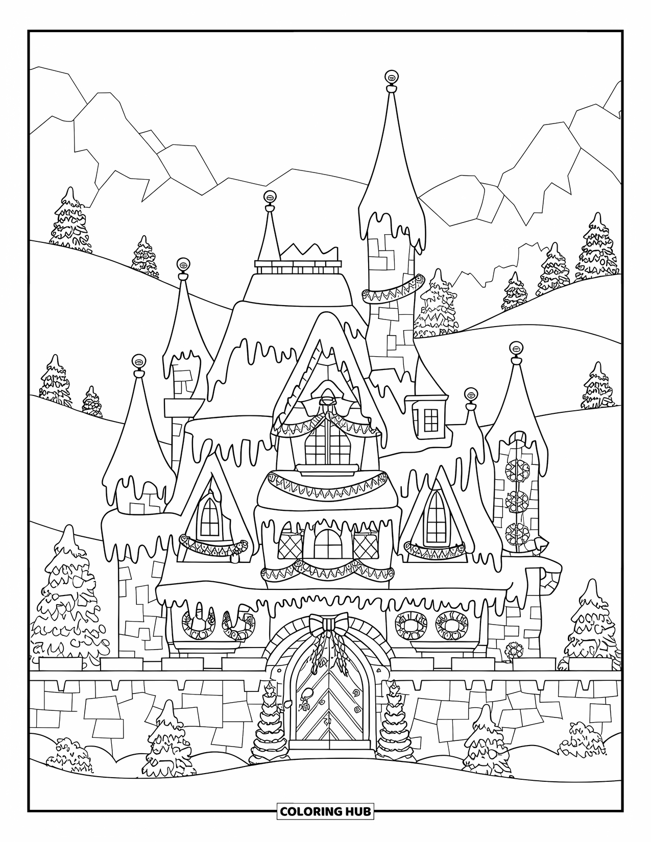 Kerst Kleurplaat voor Volwassenen: Een groots kerstkasteel met fonkelende lichtjes en met sneeuw bedekte daken