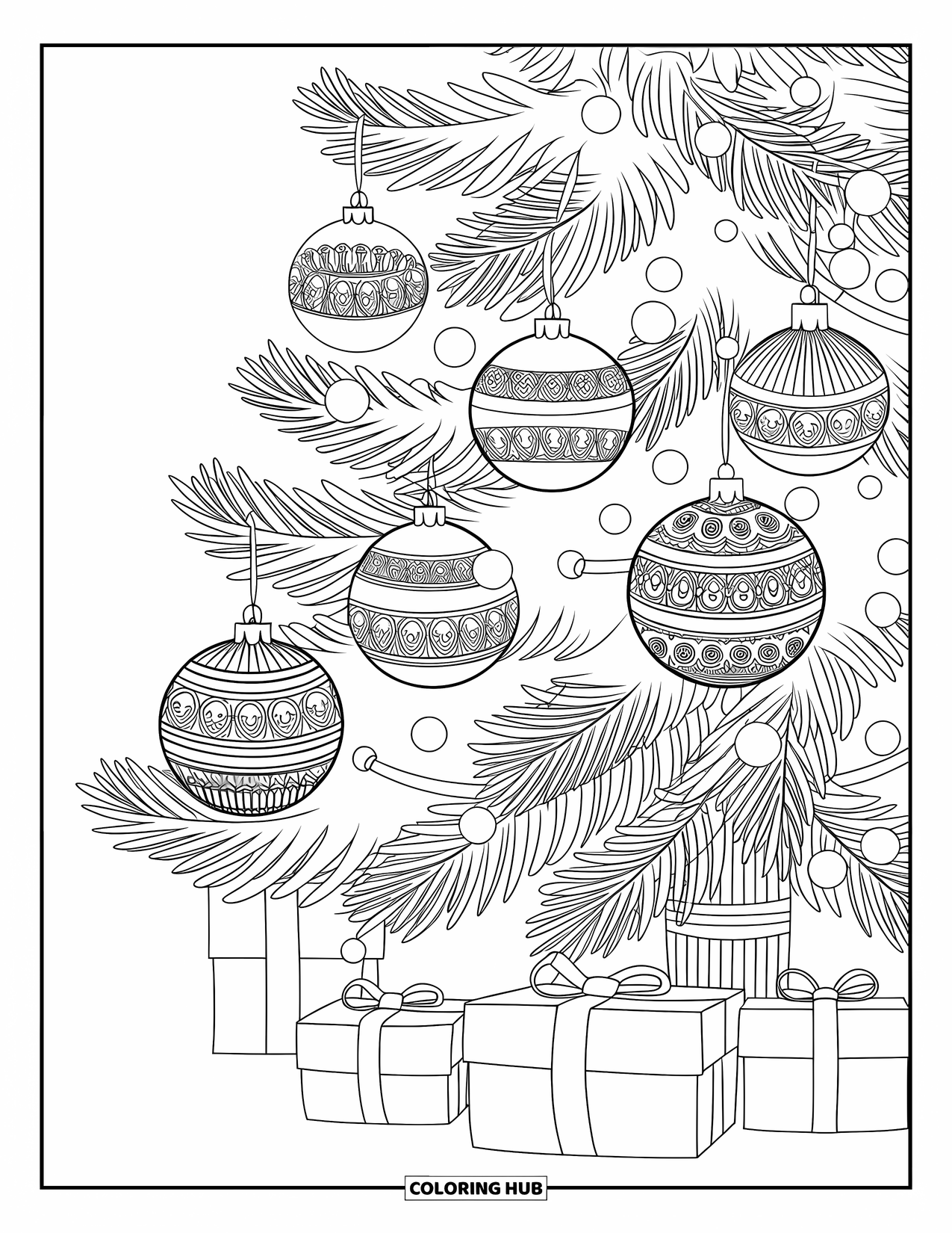 Kerst Kleurplaat voor Volwassenen: Een grote kerstboom met gedetailleerde kerstballen, lichtjes en cadeaus netjes eronder geplaatst