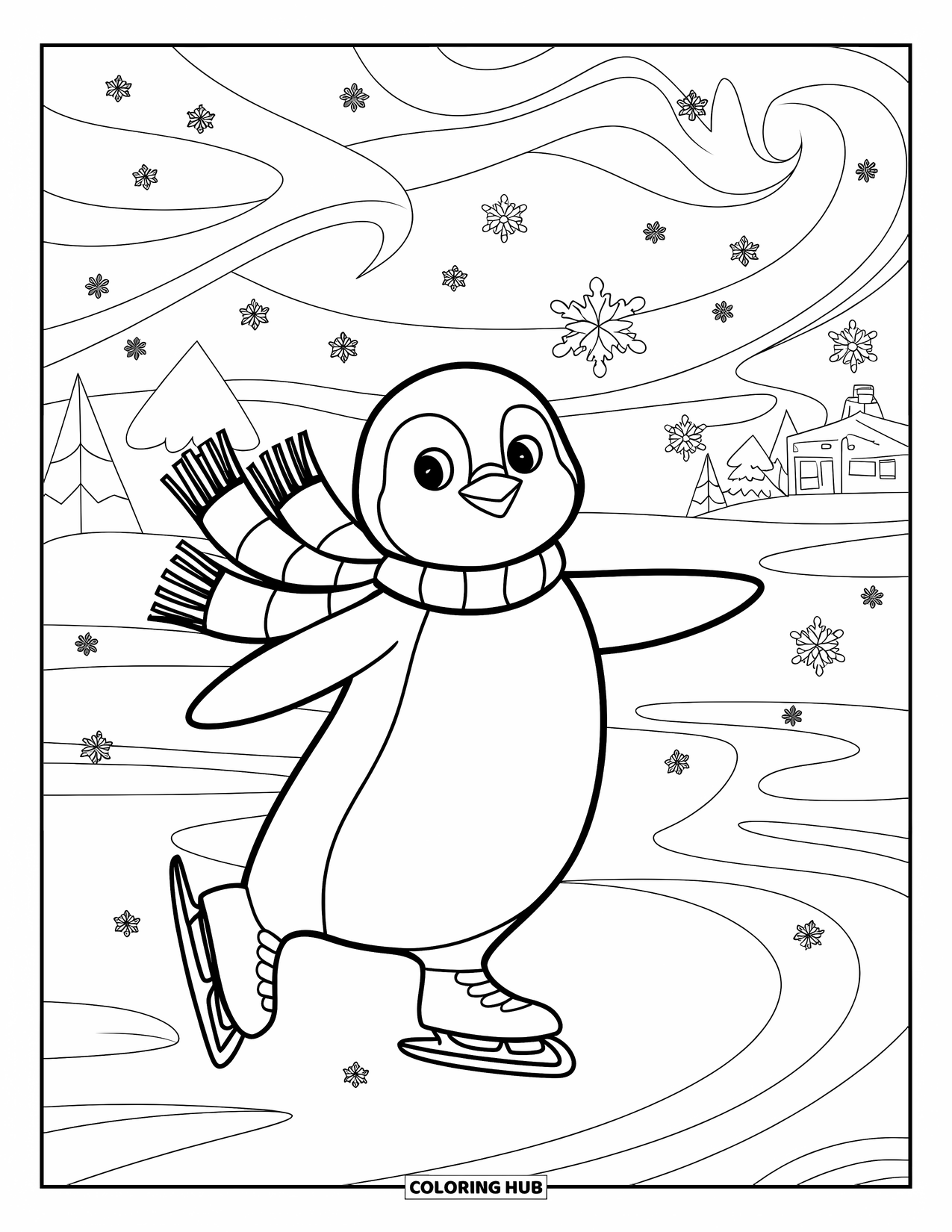 Kerst Kleurplaat voor Volwassenen: Een blije pinguïn schaatst over een ijzige vijver, met besneeuwde bomen in de verte