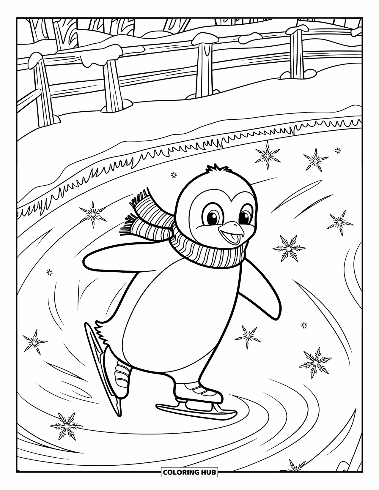 Kerst Kleurplaat voor Volwassenen: Een vrolijke pinguïn met een sjaal danst sierlijk op een bevroren wintervijver