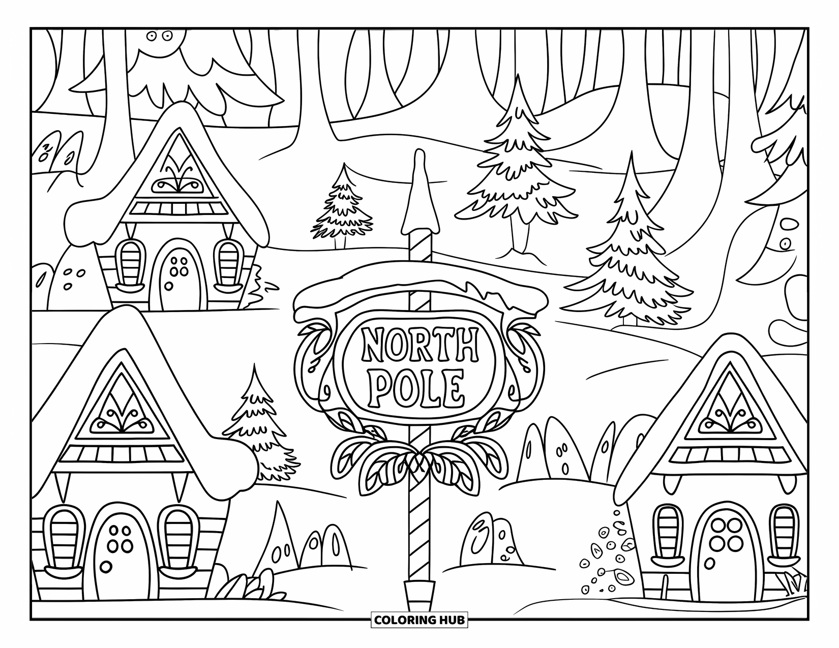 Kerst Kleurplaat voor Volwassenen: Een magisch Noordpool dorp met gezellige elfenhuisjes en fonkelende kerstbomen in de sneeuw