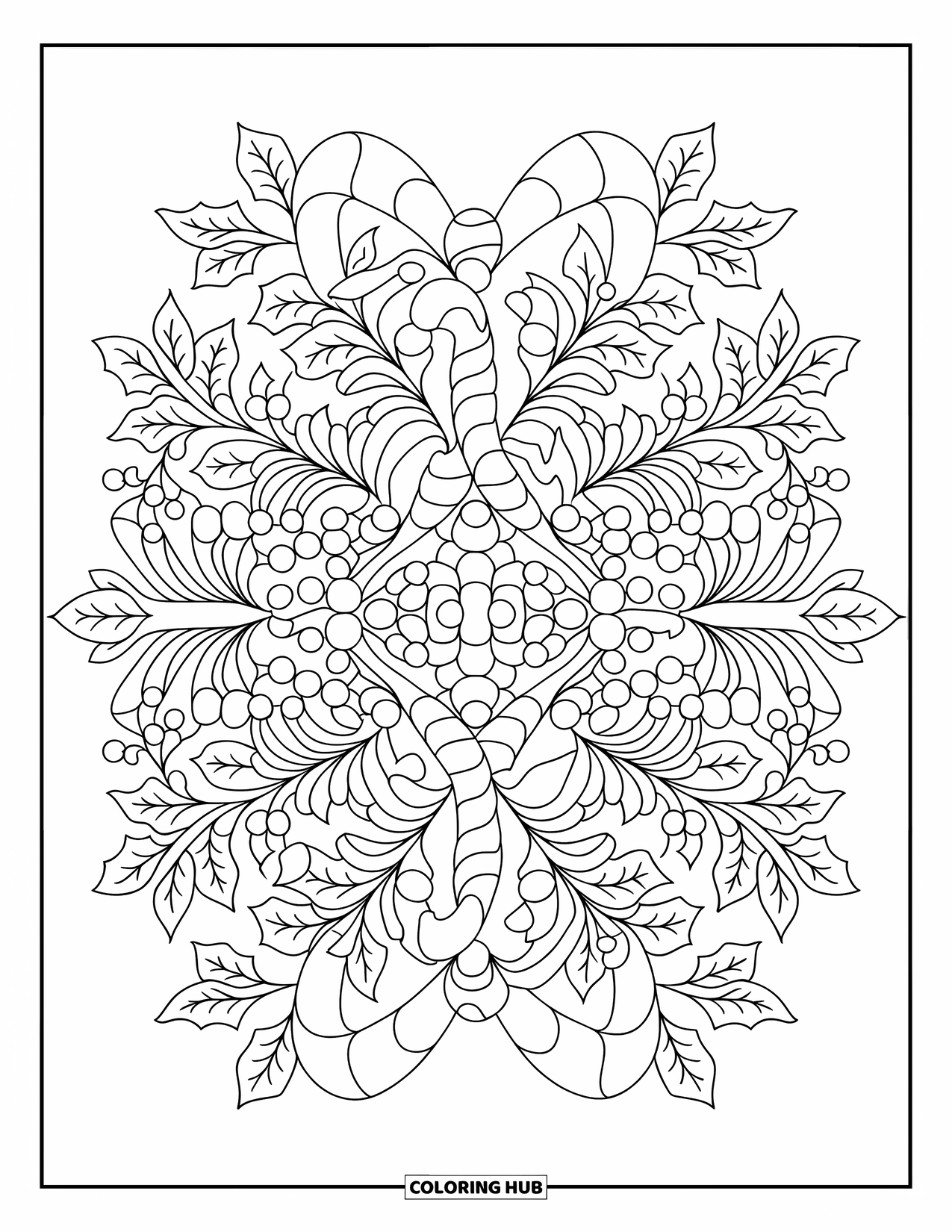 Kerst Kleurplaat voor Volwassenen: Een betoverend patroon van zuurstokken verweven met maretak en hulst in een symmetrisch ontwerp