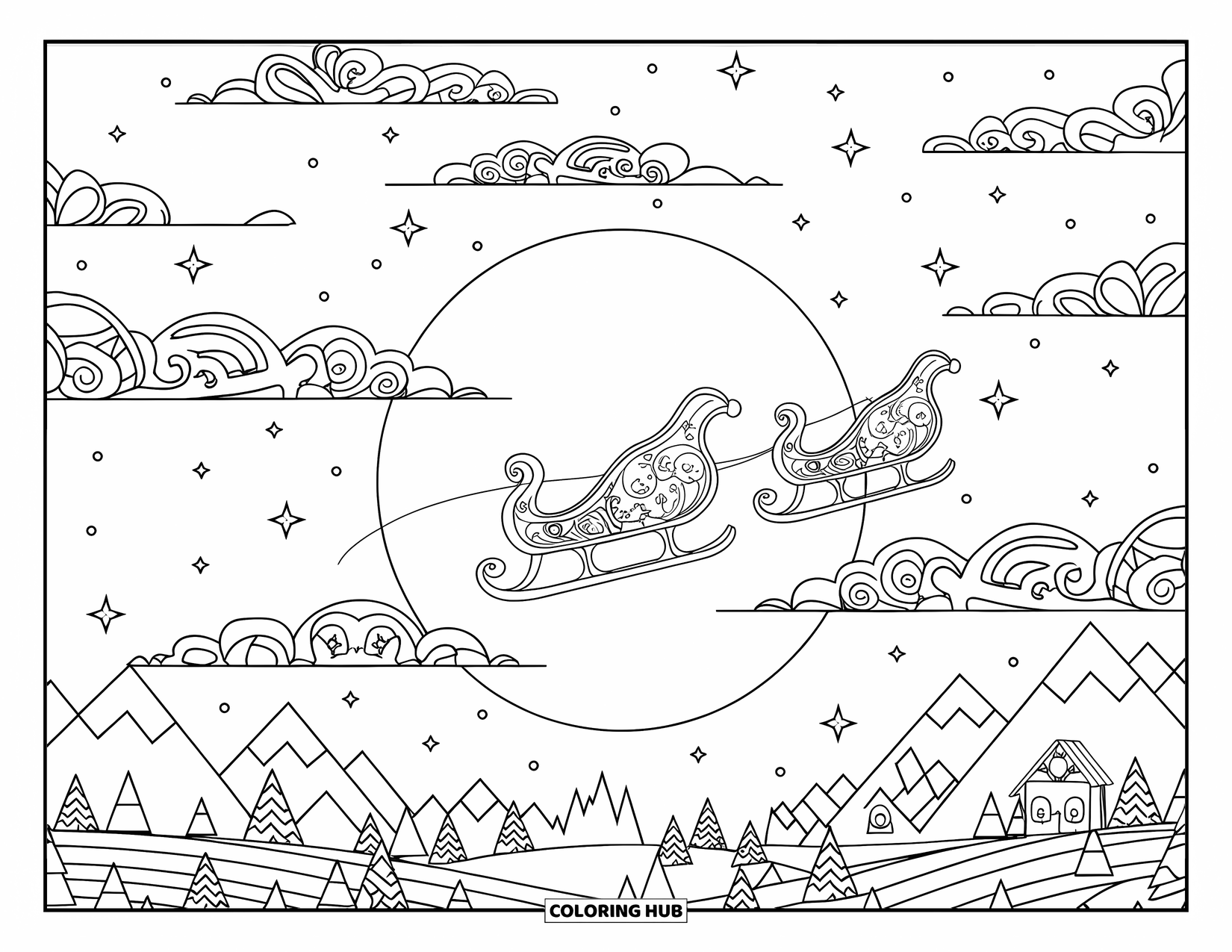 Kerst Kleurplaat voor Volwassenen: Een mystieke nachthemel met de slee van de Kerstman die langs een gloeiende volle maan vliegt