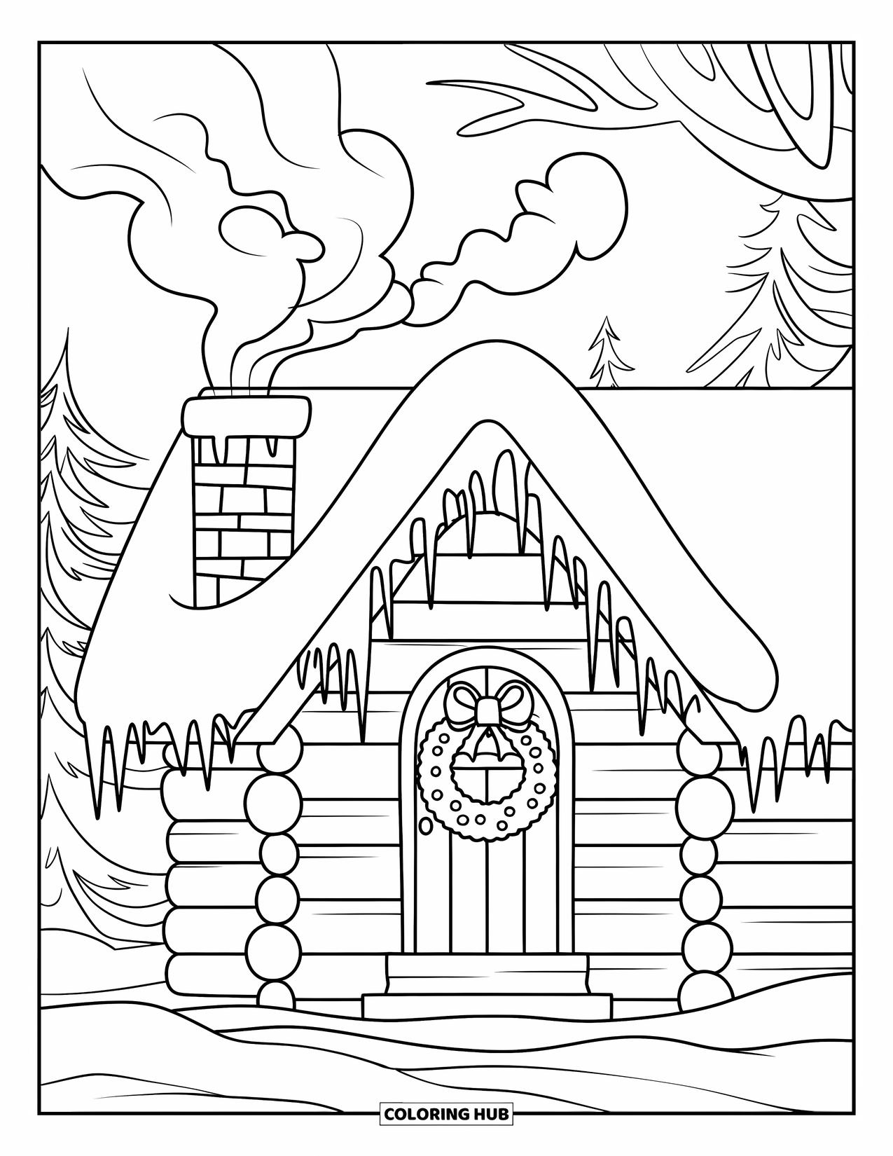 Kerst Kleurplaat voor Volwassenen: Een vredige winterhut met ijspegels die aan het dak hangen, genesteld in een besneeuwd landschap