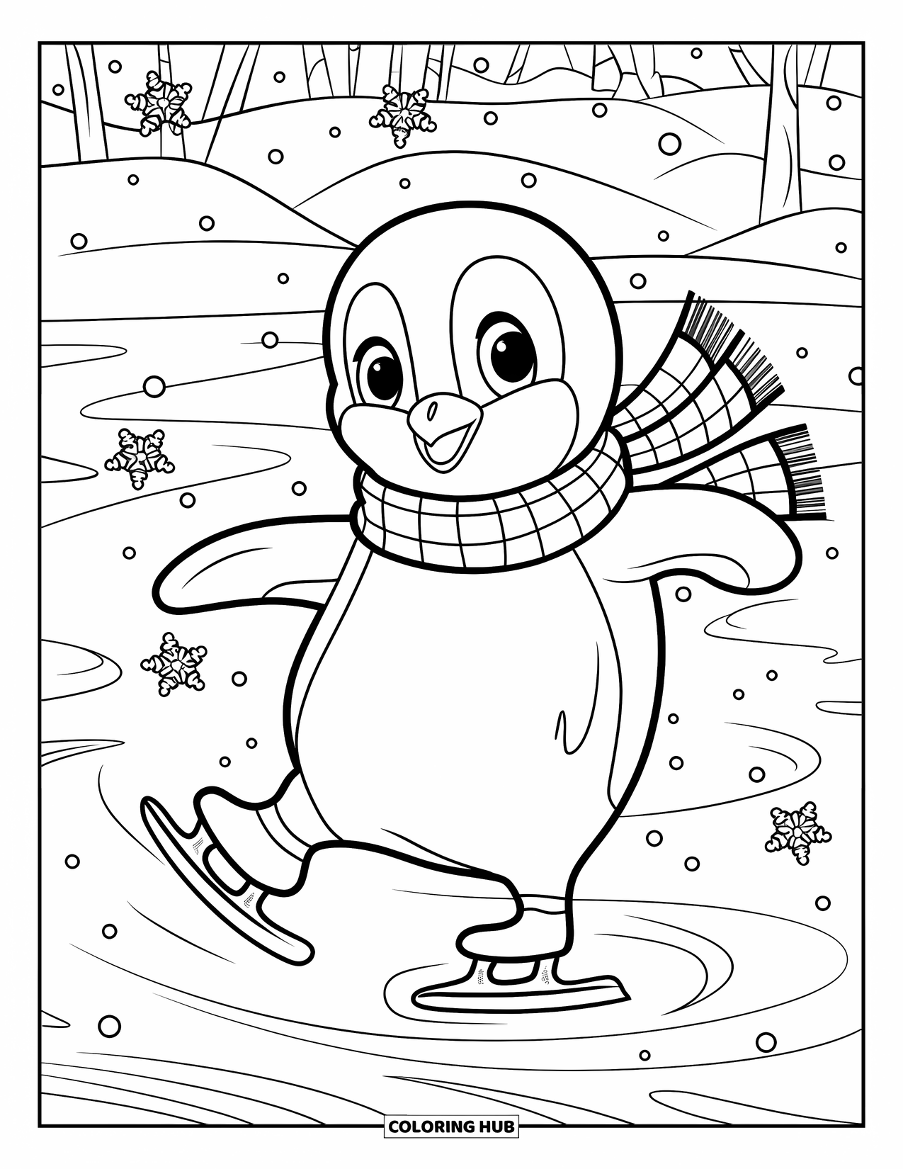 Kerst Kleurplaat voor Volwassenen: Een speelse pinguïn glijdt over het ijs en laat wervelende vorstpatronen achter