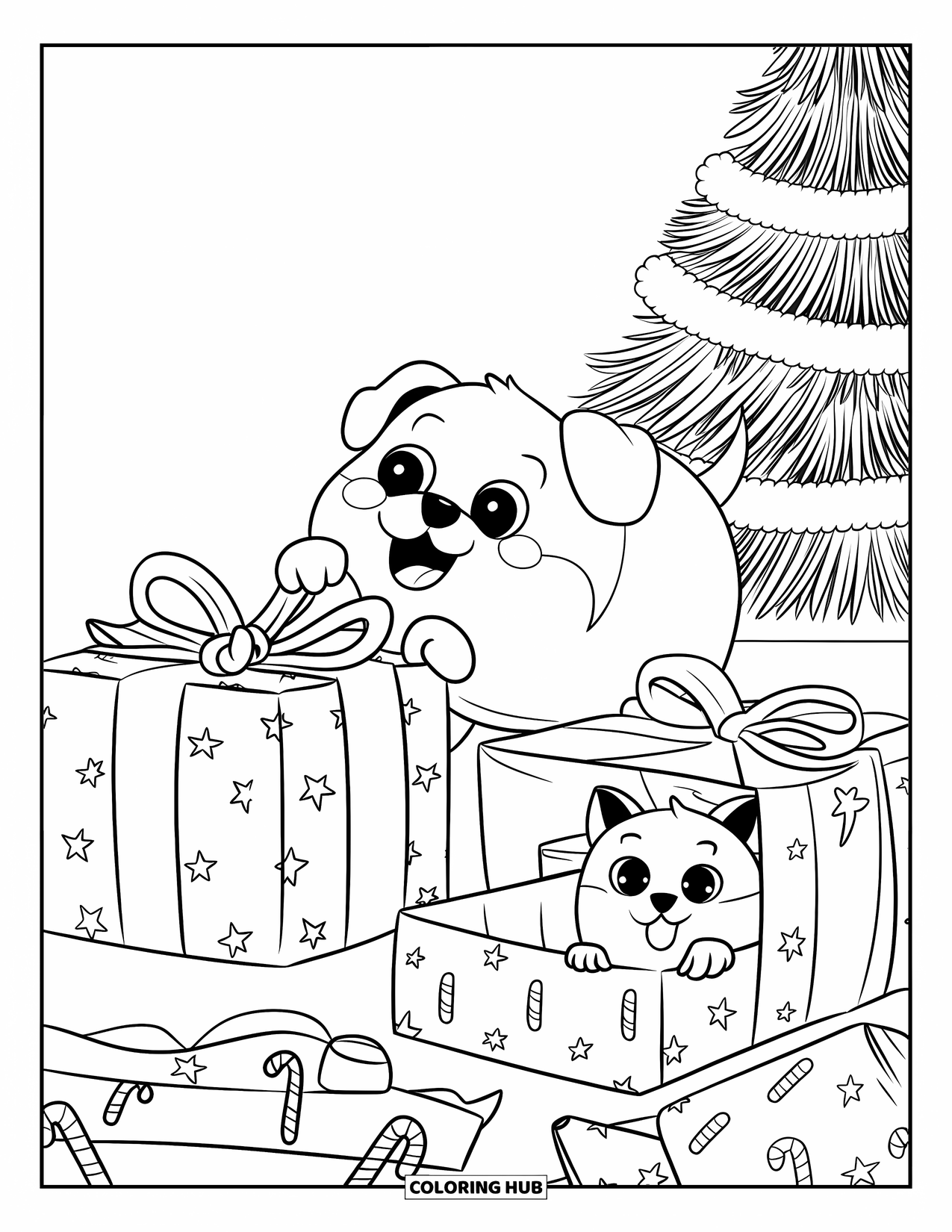 Kerst Kleurplaat voor Volwassenen: Een speelse puppy en een nieuwsgierig kitten openen cadeautjes onder een fonkelende kerstboom