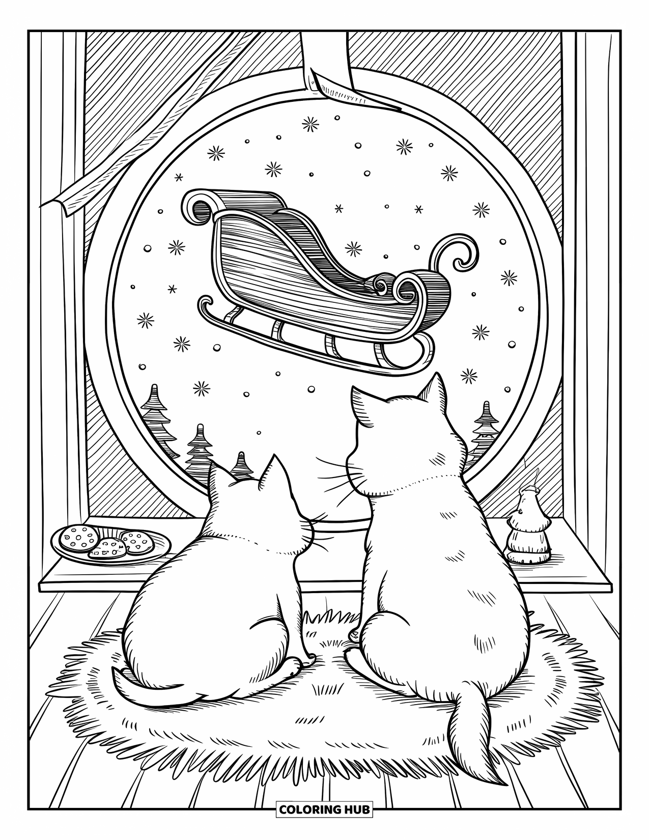 Kerst Kleurplaat voor Volwassenen: Een rond raam toont de slee van de kerstman die vliegt terwijl een kat en hond van binnenuit toekijken