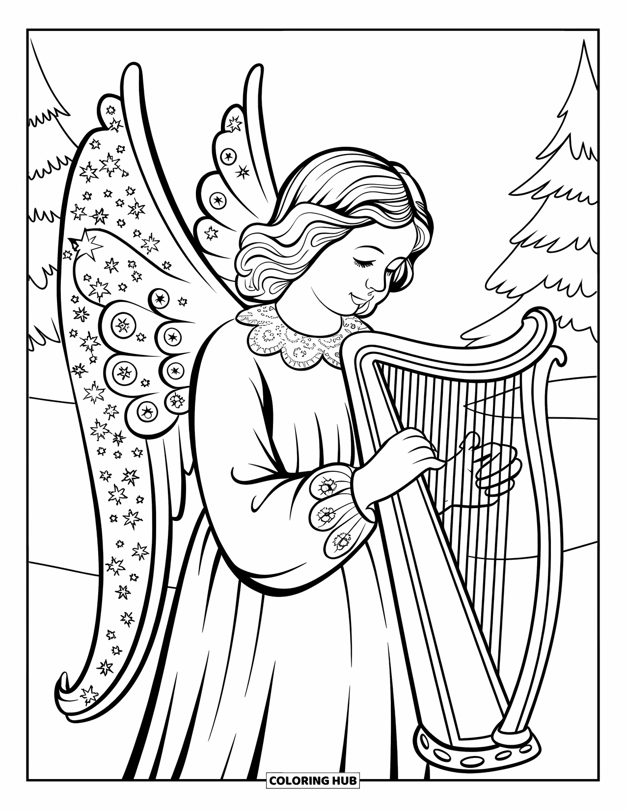 Kerst Kleurplaat voor Volwassenen: Een serene engel met gedetailleerde vleugels en een harp, omlijst door fonkelende sterren