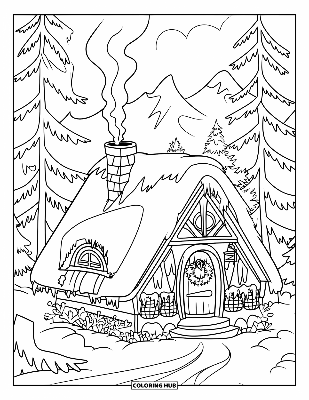 Kerst Kleurplaat voor Volwassenen: Een met sneeuw bedekte hut in het bos, gloeiend van warmte en vakantiecharme