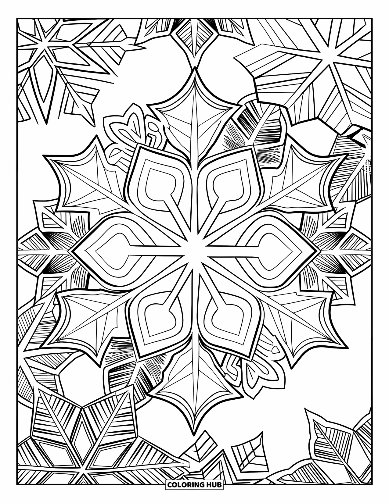 Kerst Kleurplaat voor Volwassenen: Een sneeuwvlok mandala met een verscheidenheid aan ingewikkelde en artistieke winterontwerpen