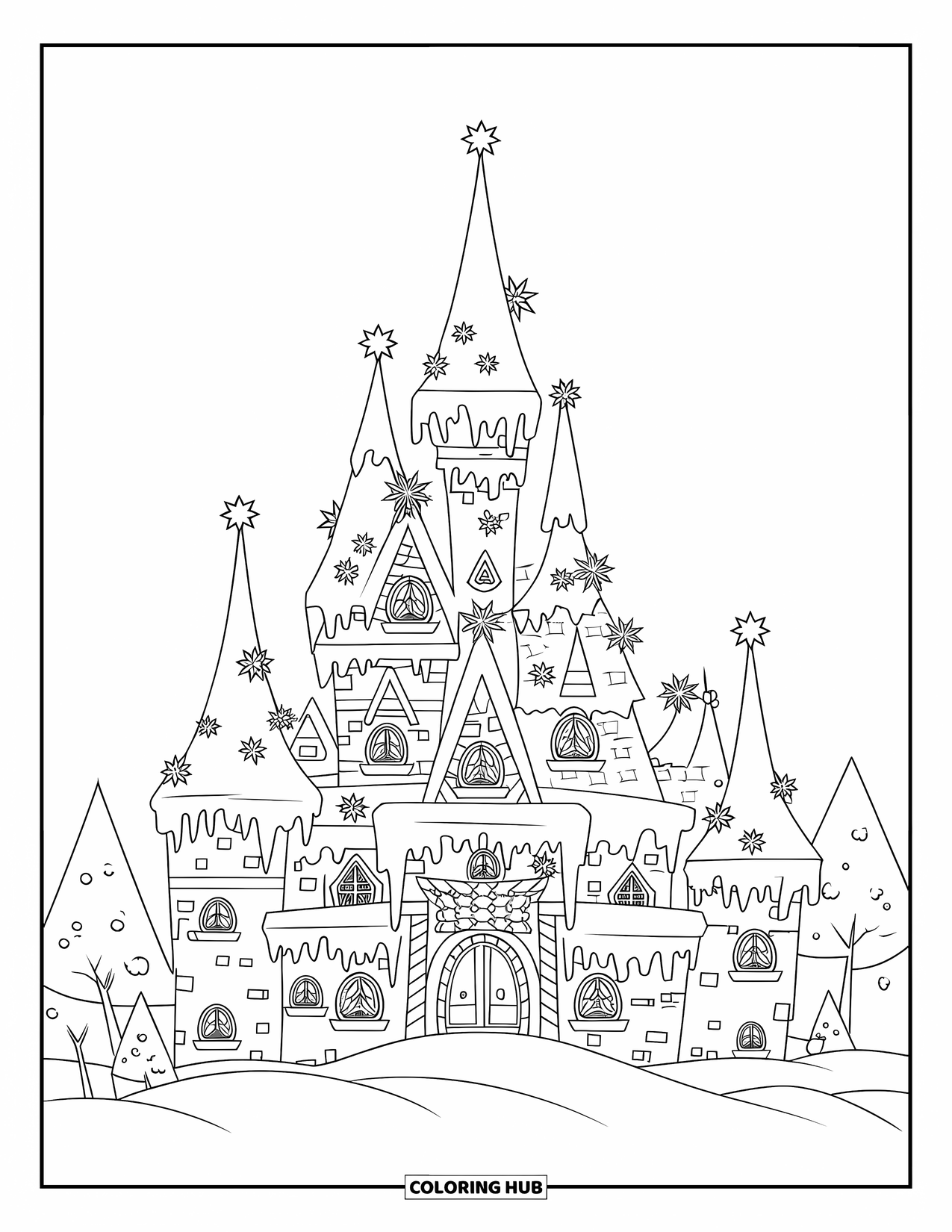 Kerst Kleurplaat voor Volwassenen: Een besneeuwd kasteel met feestelijke kransen, ijspegeltorens en gloeiende vakantieramen
