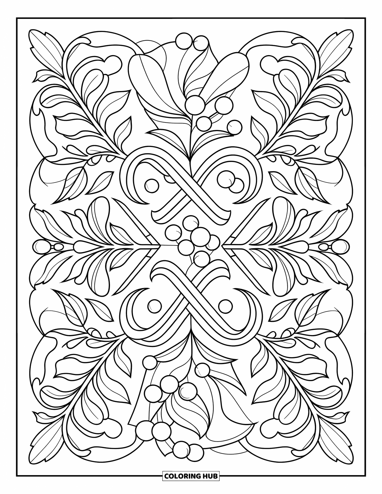 Kerst Kleurplaat voor Volwassenen: Een symmetrisch zuurstok- en hulstpatroon met elegante krullen en feestelijke details