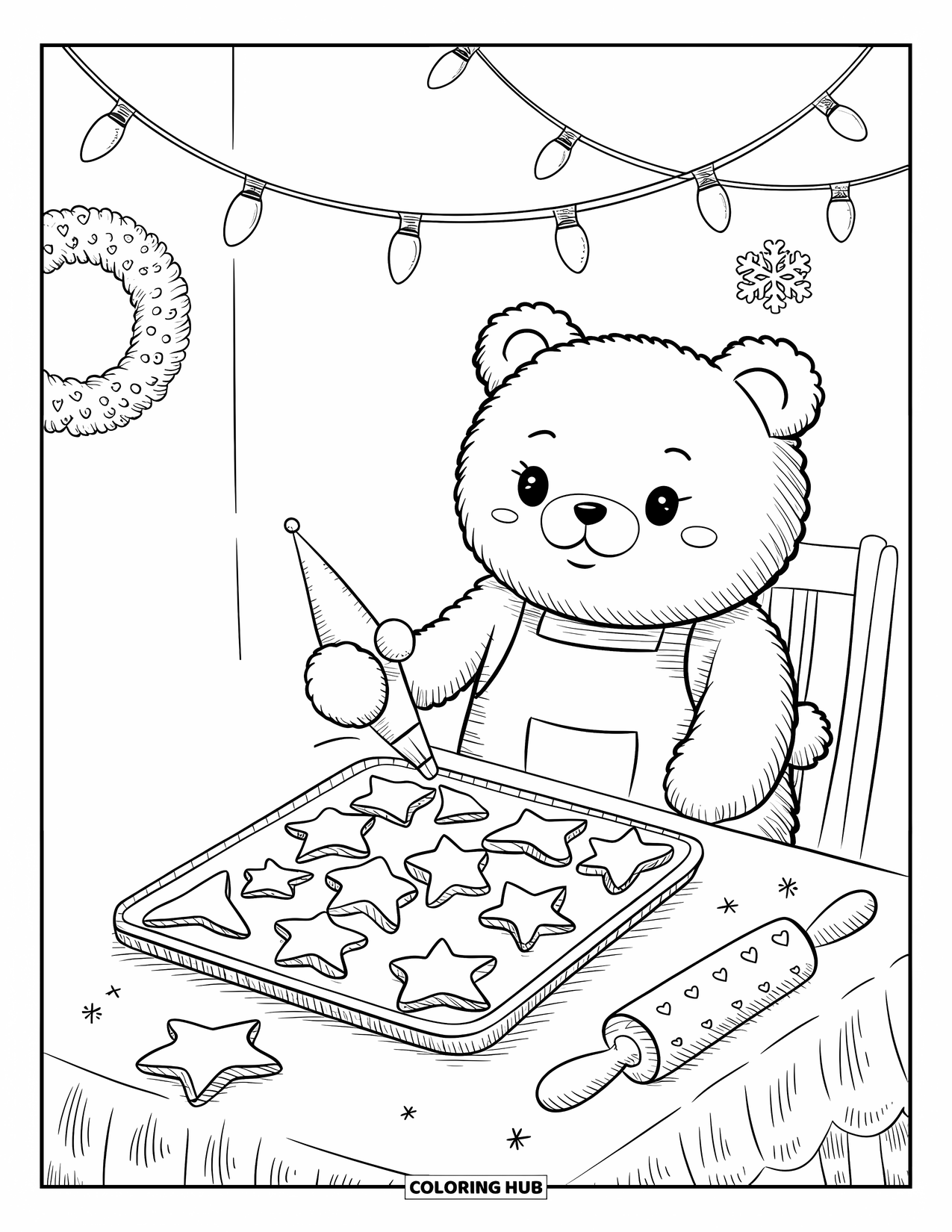 Kerst Kleurplaat voor Volwassenen: Een teddybeer met een schort voegt glazuur toe aan oversized kerstkoekjes in een gezellige keuken