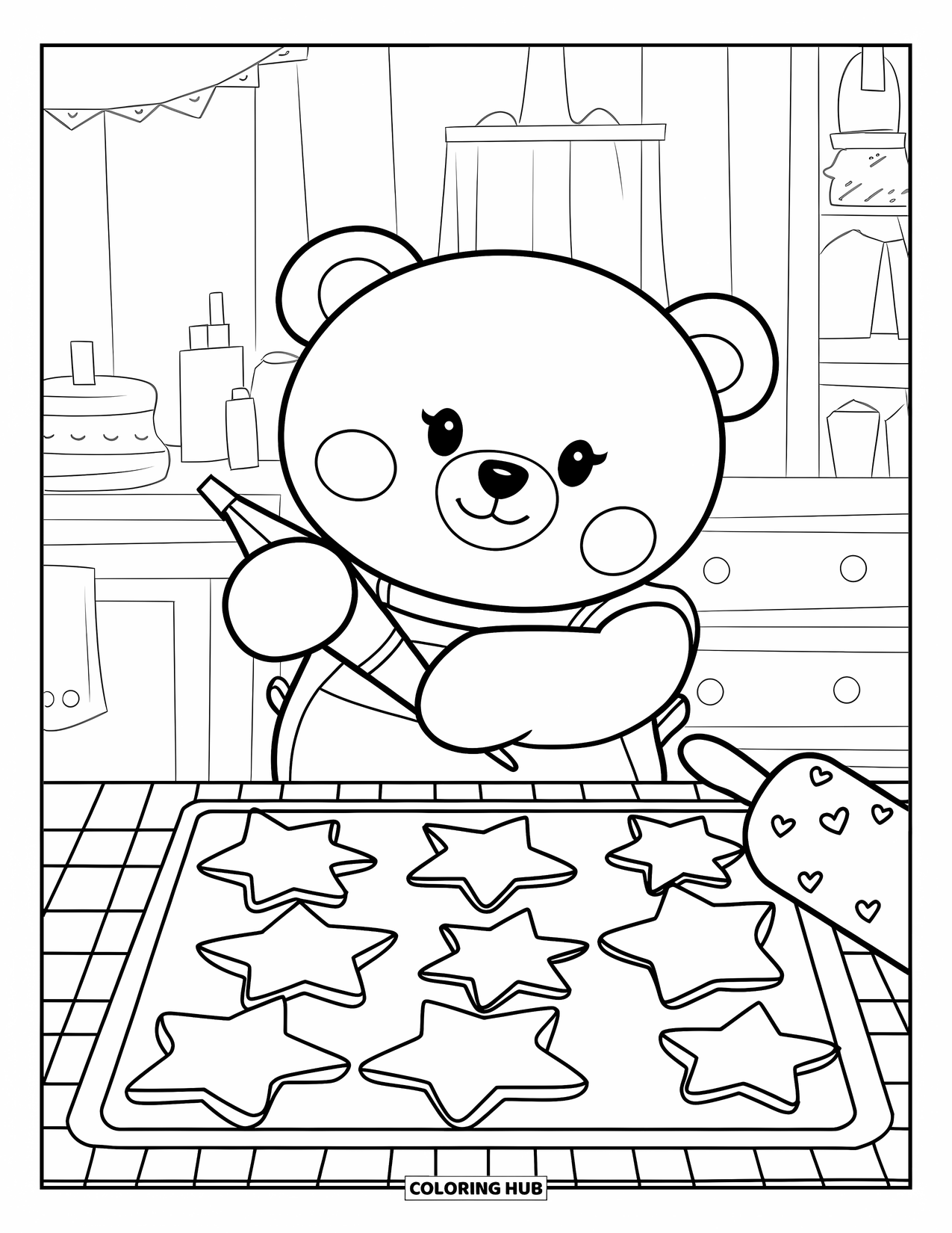 Kerst Kleurplaat voor Volwassenen: Een teddybeer met een schort versiert kerstkoekjes met een spuitzak op een keukentafel