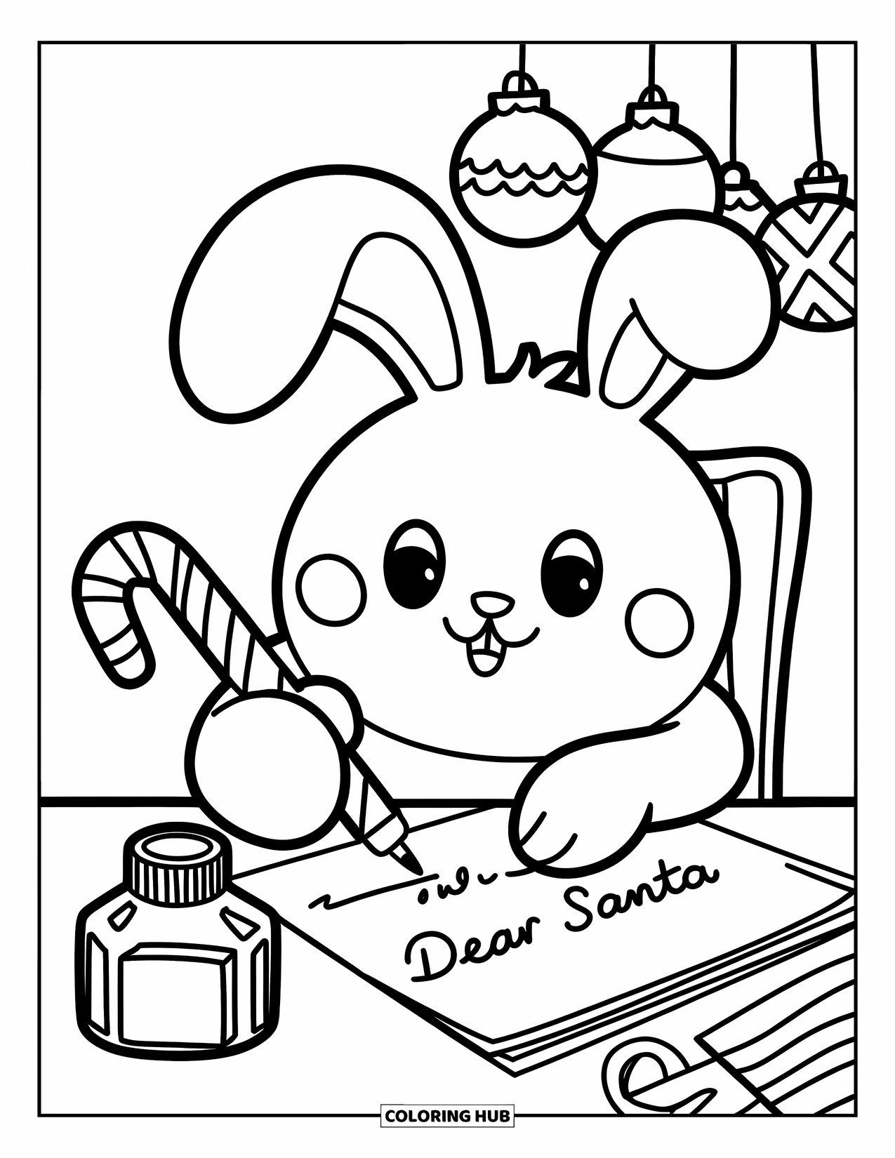 Kerst Kleurplaat voor Volwassenen: Een klein konijntje schrijft een oprechte brief aan de kerstman, omringd door feestelijke versieringen