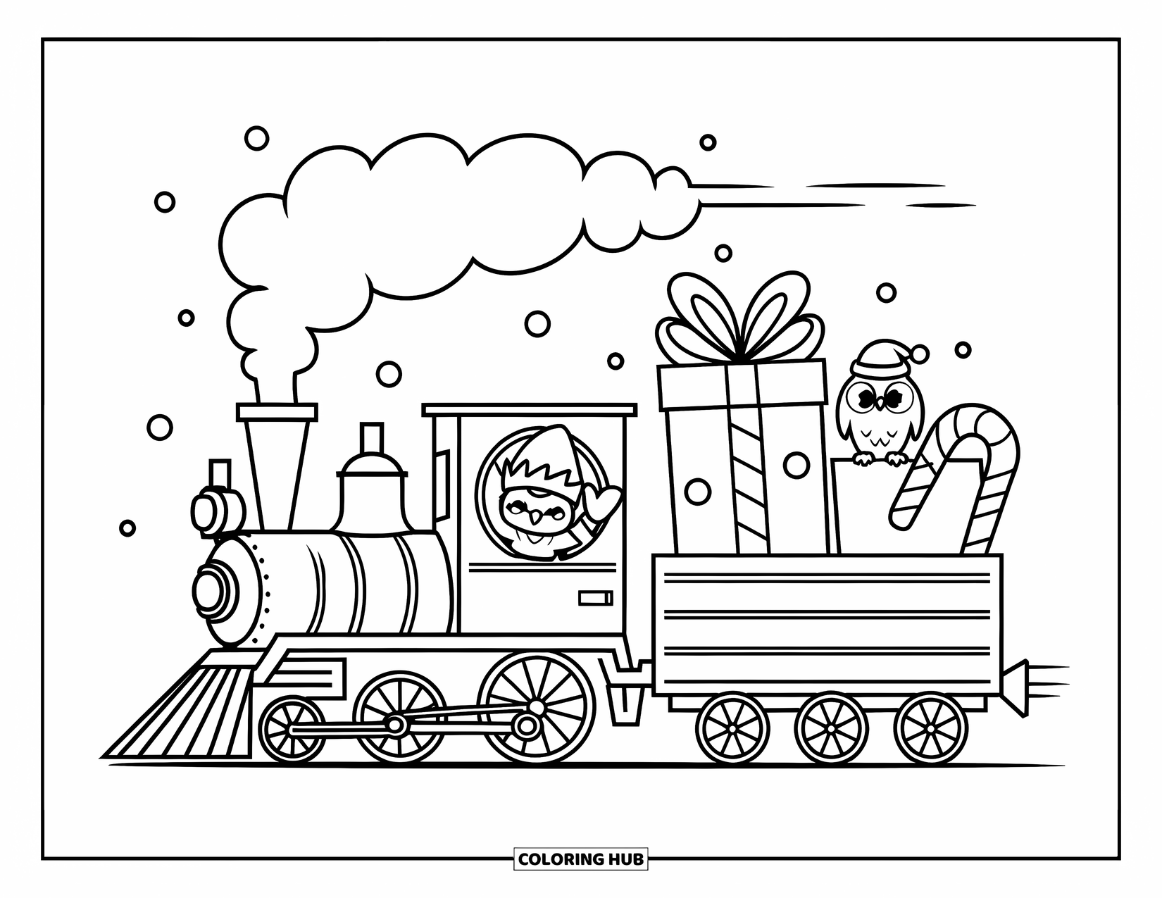 Kerst Kleurplaat voor Volwassenen: Een speelgoedachtige trein met pluizige rook vervoert vakantiecadeaus en zuurstokken